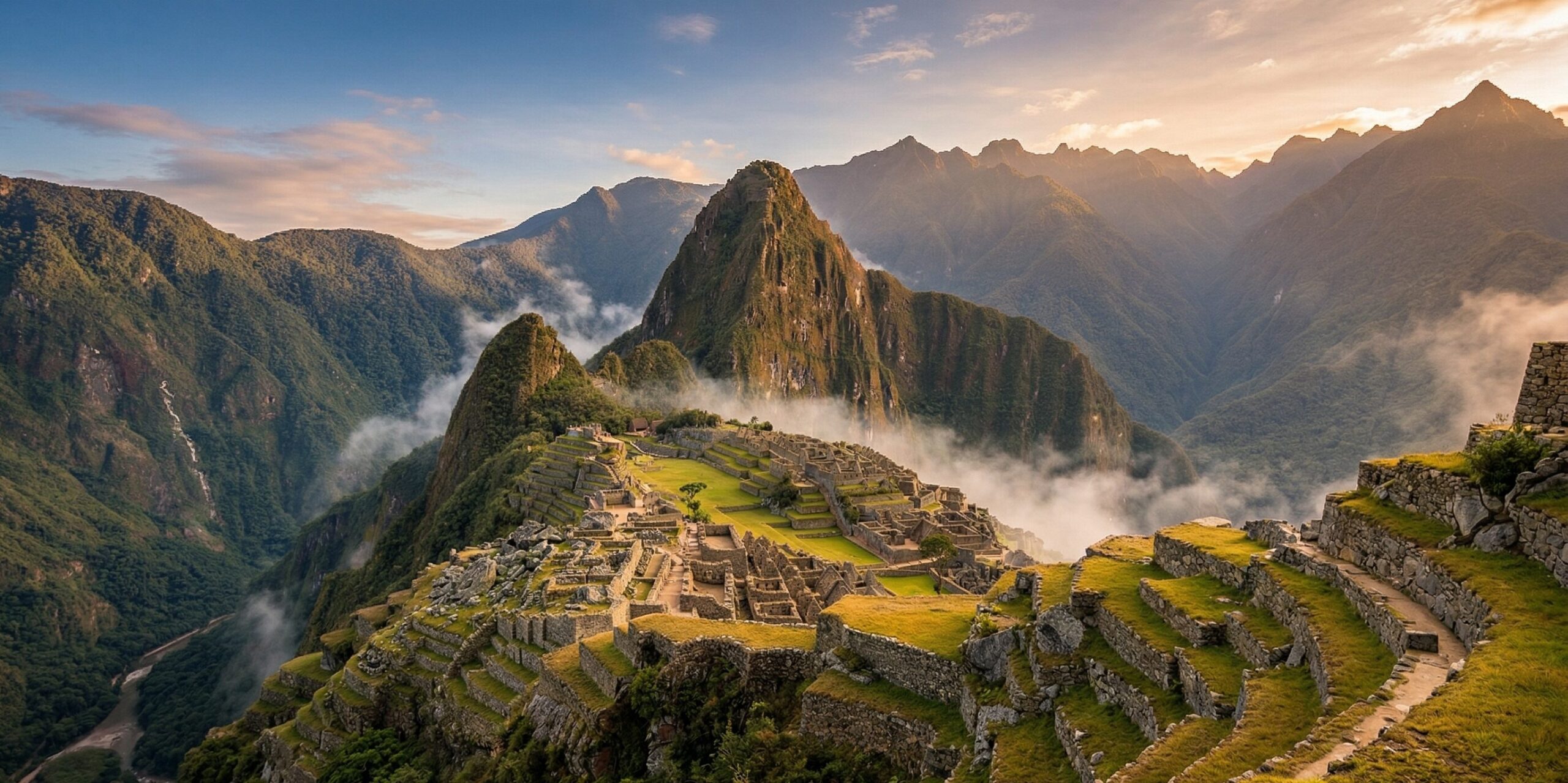 マチュピチュの石積み遺跡全景。標高2,430mのアンデスに築かれたインカ帝国の都市。乾式石積み技術と段々畑が一望できる世界遺産の象徴的な景観。