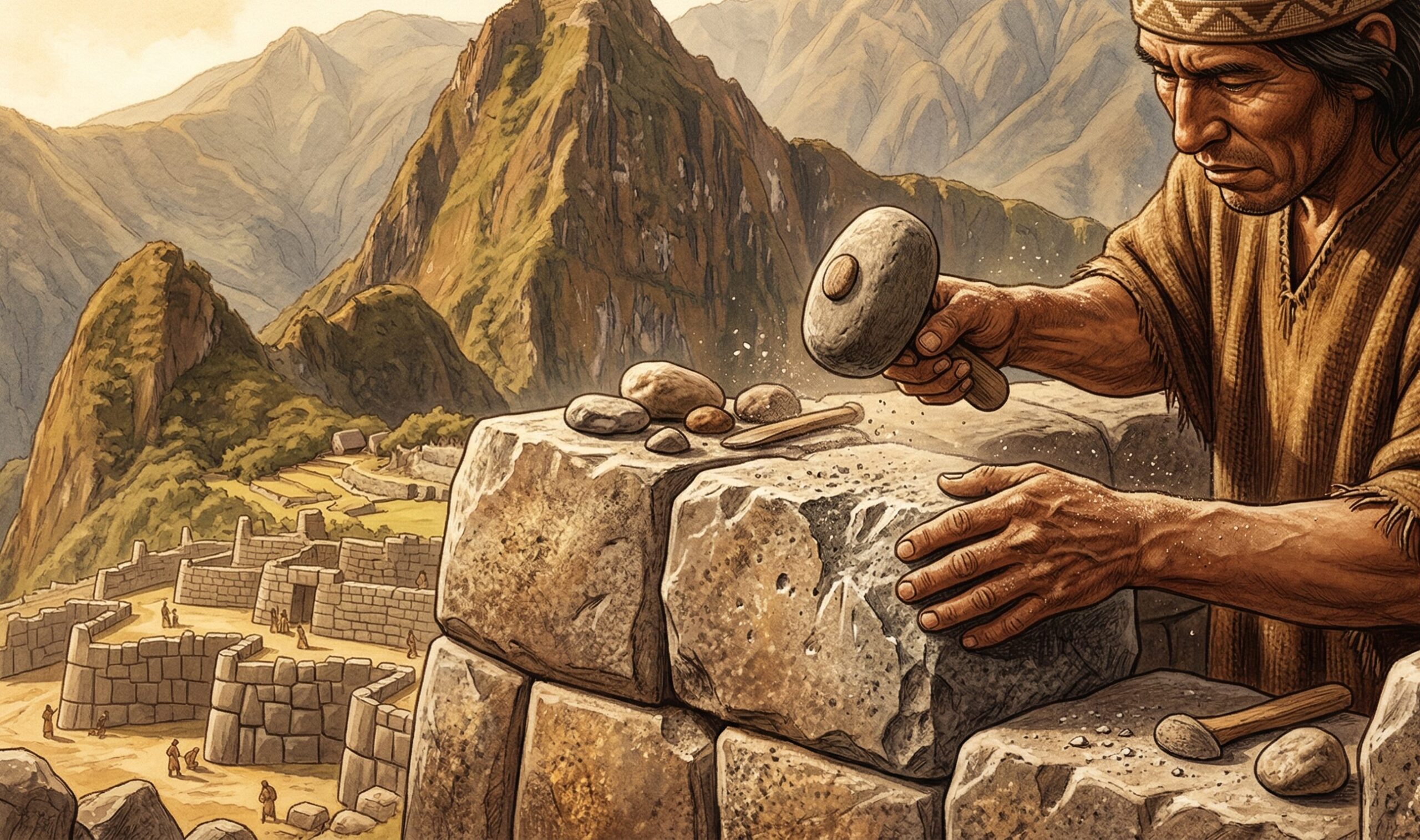 インカの石工がハンマー石で石材を加工する様子。マチュピチュ建設に使われた乾式石積みの技法。