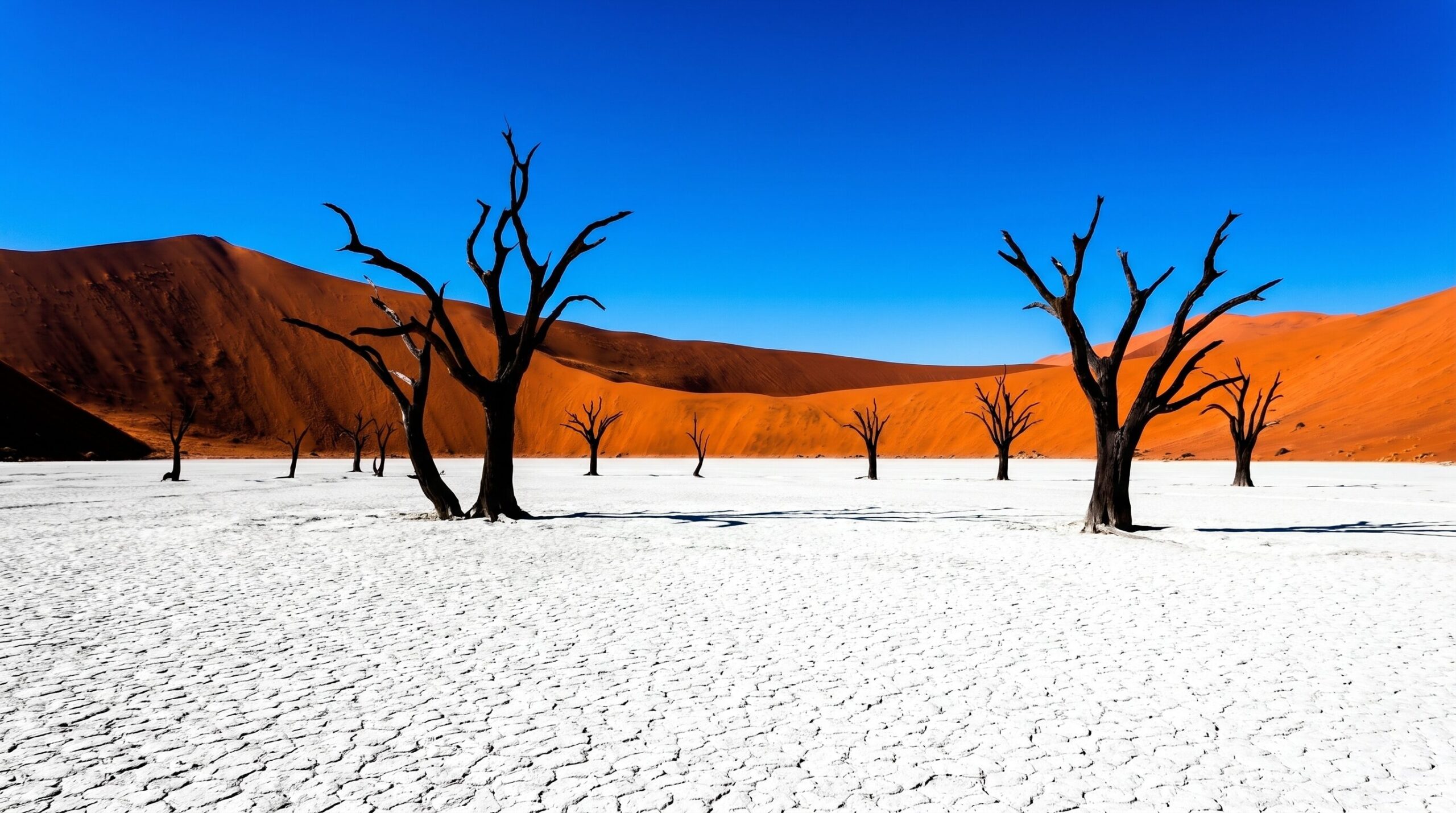 ナミブ砂漠のデッドフレイ。白い粘土パンに約900年前に枯れた黒いキャメルソーンの木が立ち並ぶ。赤い砂丘と青い空とのコントラストが世界的に有名な絶景。