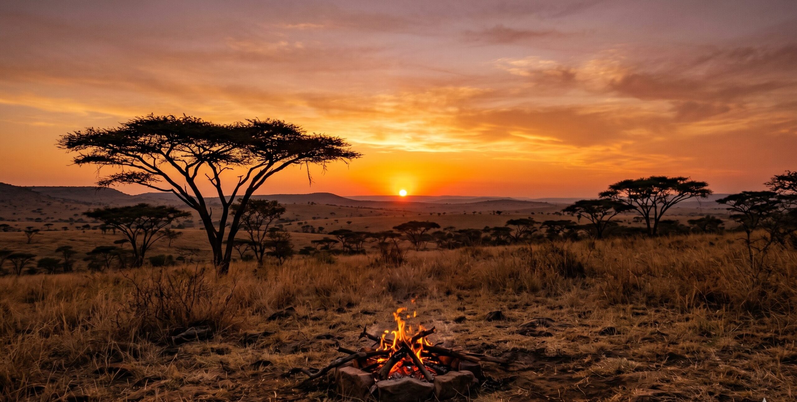 アフリカのサバンナで燃えるたき火——火を制御した人類が調理・防御・コミュニケーションを獲得した瞬間のイメージ