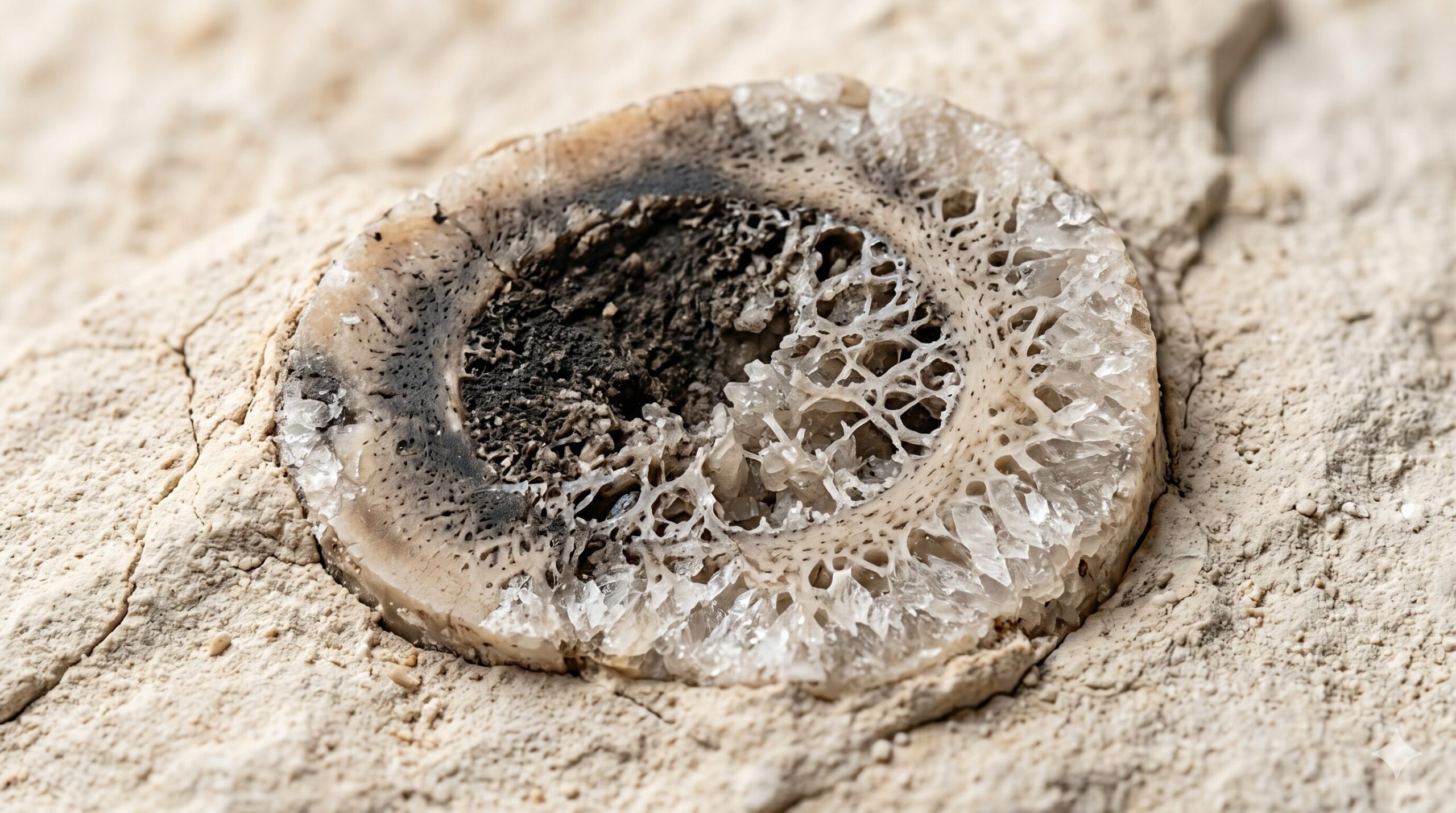 石灰岩に鉱化した化石骨の断面——有機物が鉱物に置換される化石化プロセスを示すCradle of Humankindの地質サンプルイメージ