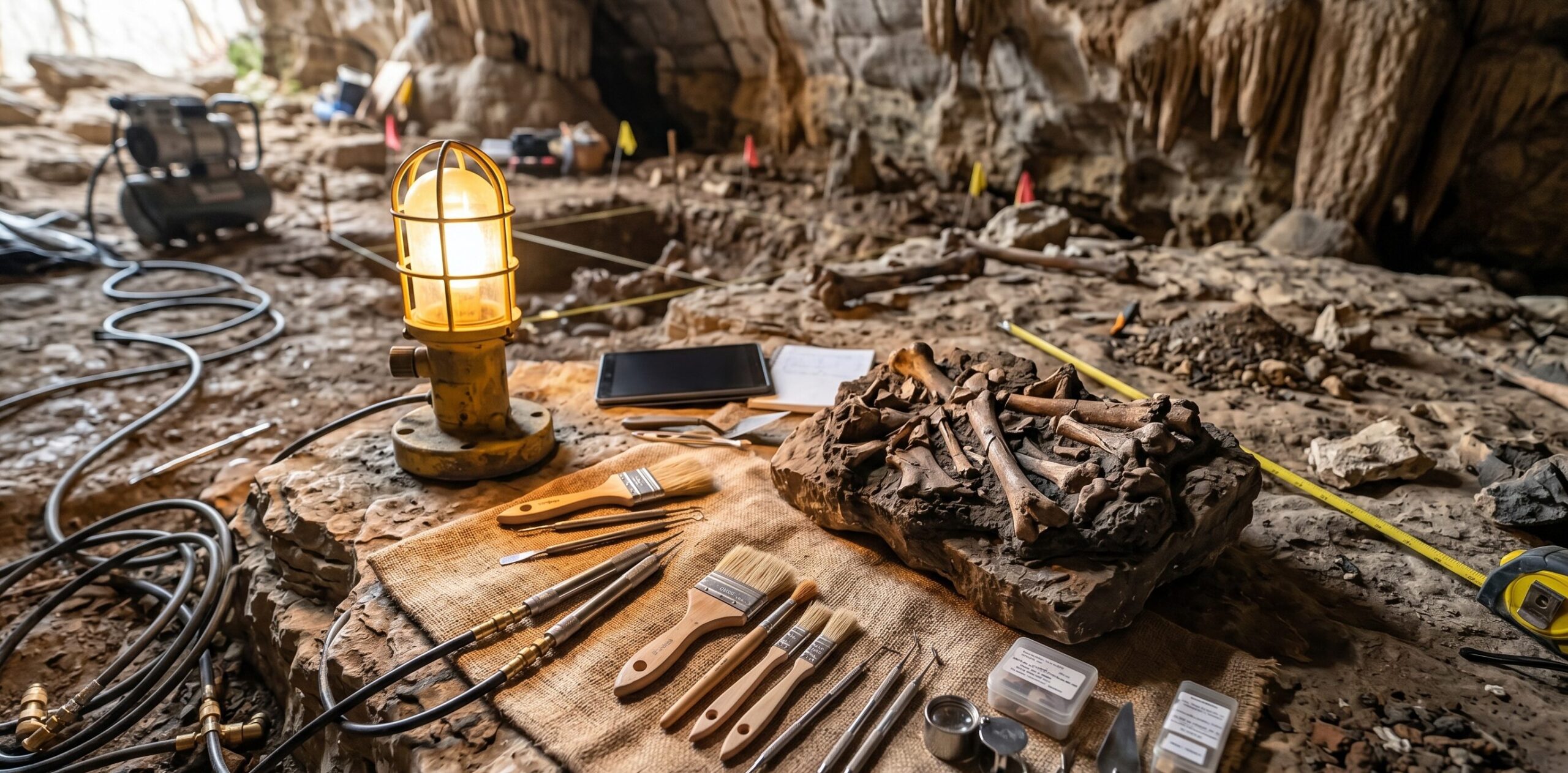 洞窟内の化石発掘現場——エアスクライバーと細ブラシでリトル・フットを20年かけて掘り出した作業を再現したイメージ