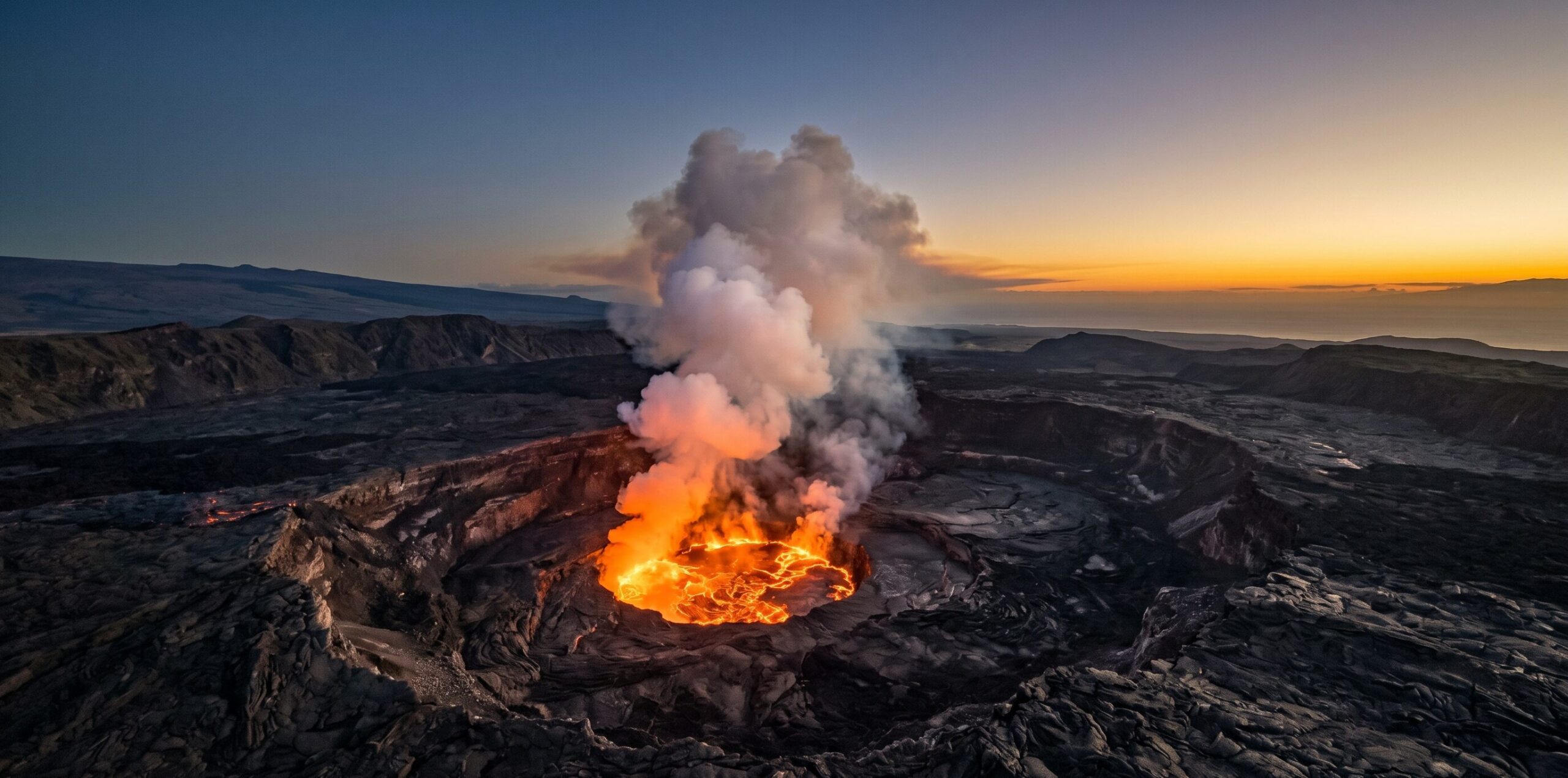 ハワイ火山国立公園のキラウエア火山カルデラを空撮した夕暮れの風景。ハレマウマウ火口に輝くオレンジ色の溶岩湖と立ち上る噴煙