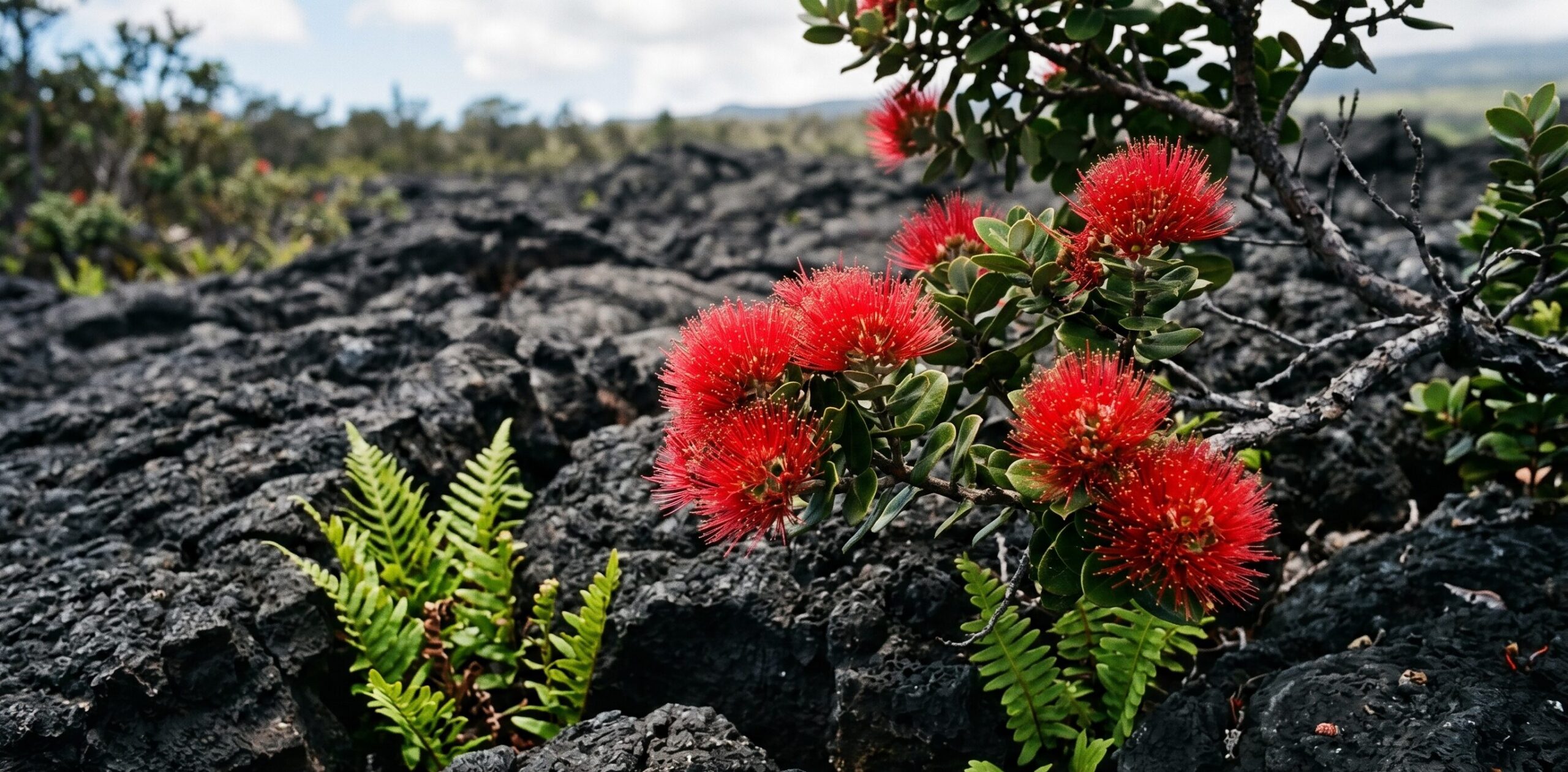 黒い溶岩の岩肌に鮮やかに咲くオヒア・レフアの赤い花。ハワイ火山国立公園で破壊された大地に最初に根づく固有種の生命力あふれる姿