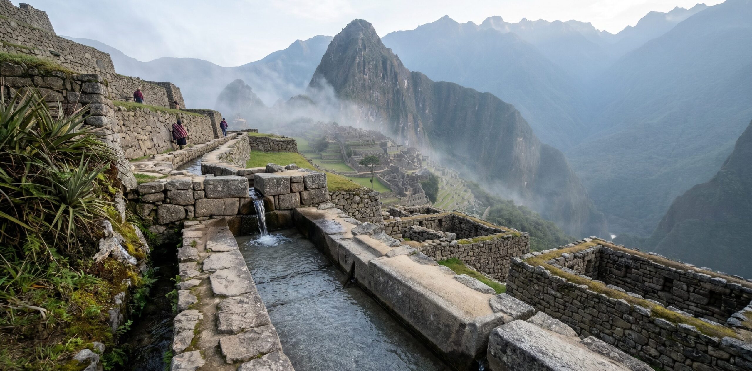 マチュピチュのインカ水路と噴水。重力だけで749m先まで水を届けた石張り水路と階段状の噴水群。標高2,430mの世界遺産に残るインカの水管理技術。