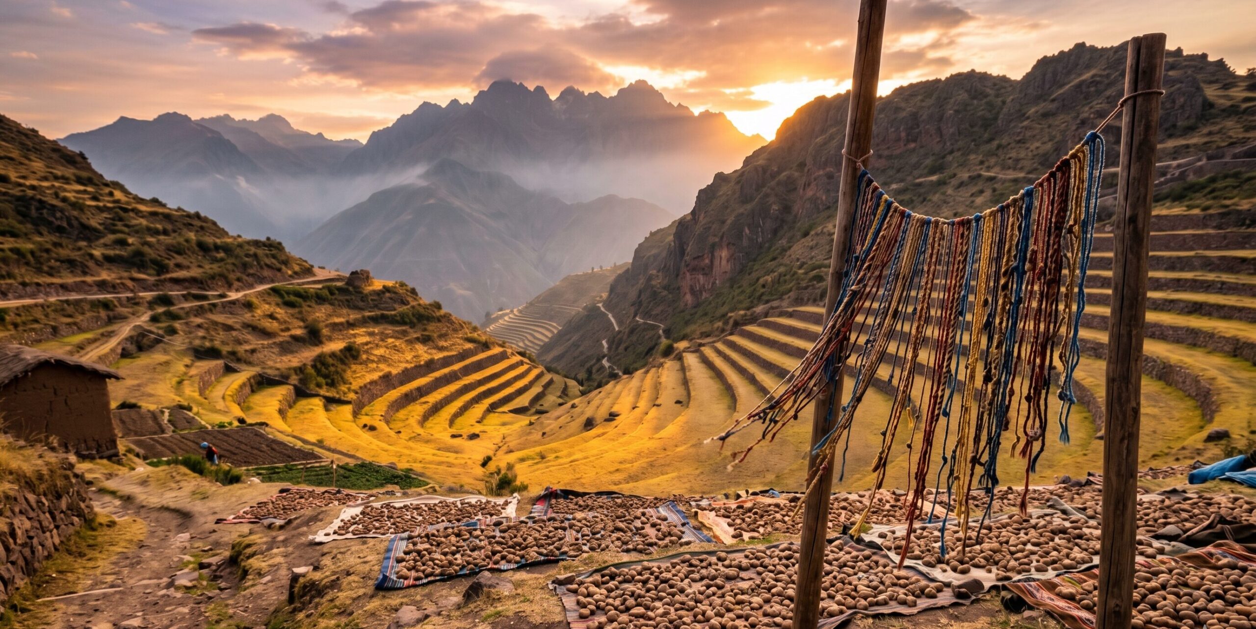 アンデス高地の夕景とインカの保存食チューニョ。凍結乾燥されたジャガイモが広場に並び、結び縄キープが吊るされた世界遺産マチュピチュの文化的景観。