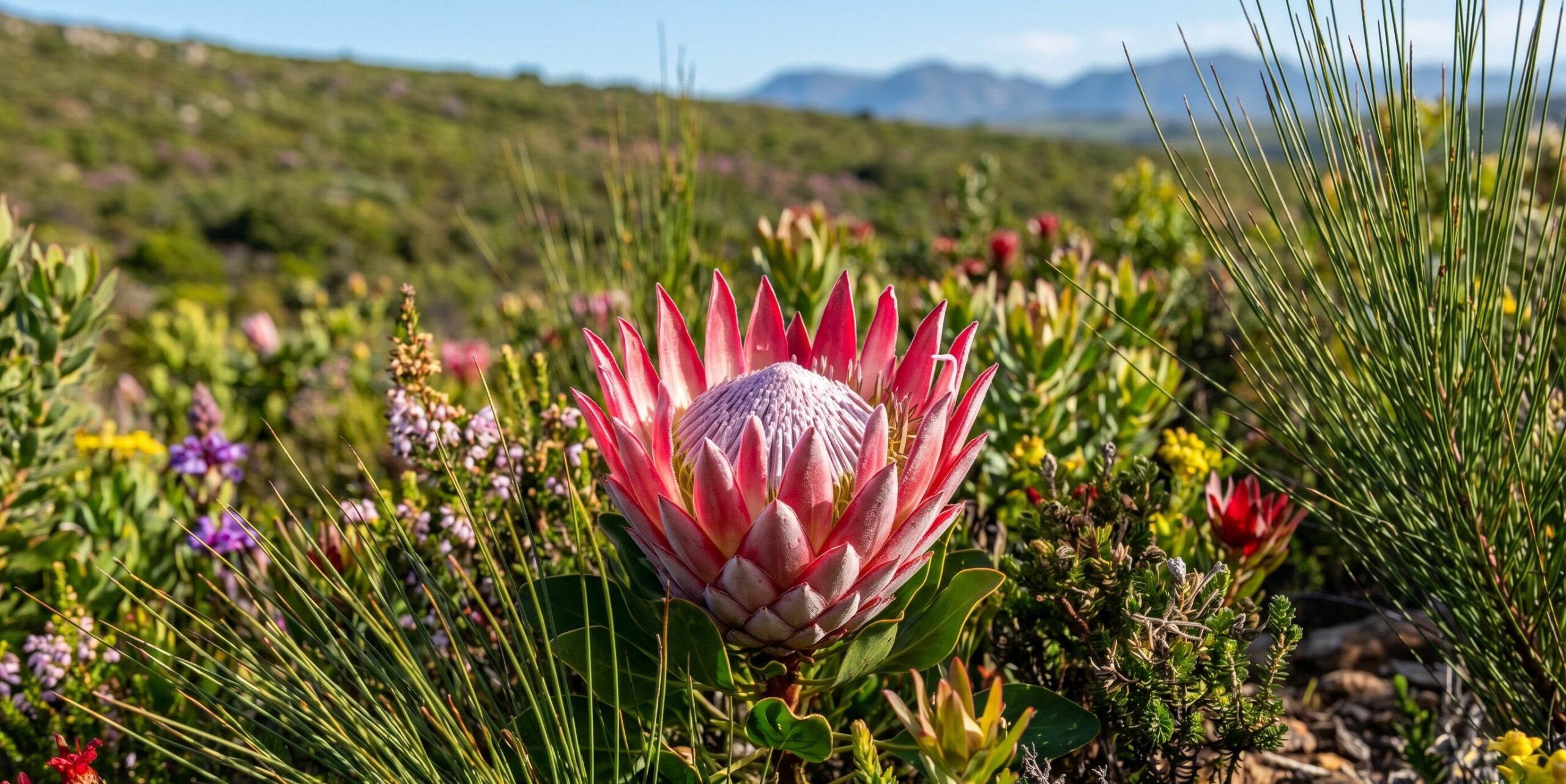 ケープ植物区に咲く南アフリカ国花キングプロテア——フィンボスの固有植物の代表種