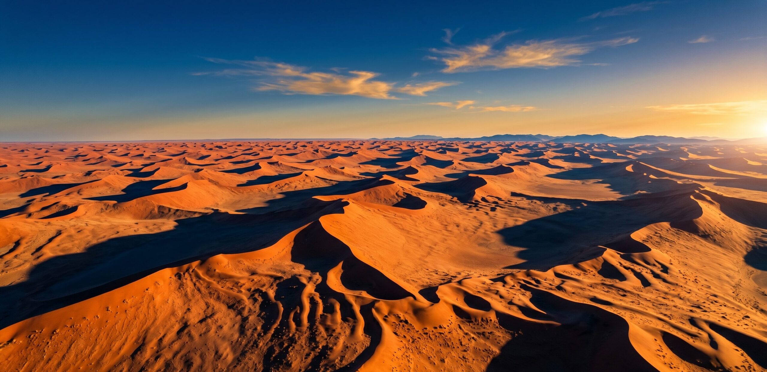 ナミビア・ナミブ砂海の空撮。ゴールデンアワーに赤オレンジ色の巨大砂丘が地平線まで続き、長い影が砂丘の稜線を際立たせる。ユネスコ世界遺産の絶景。