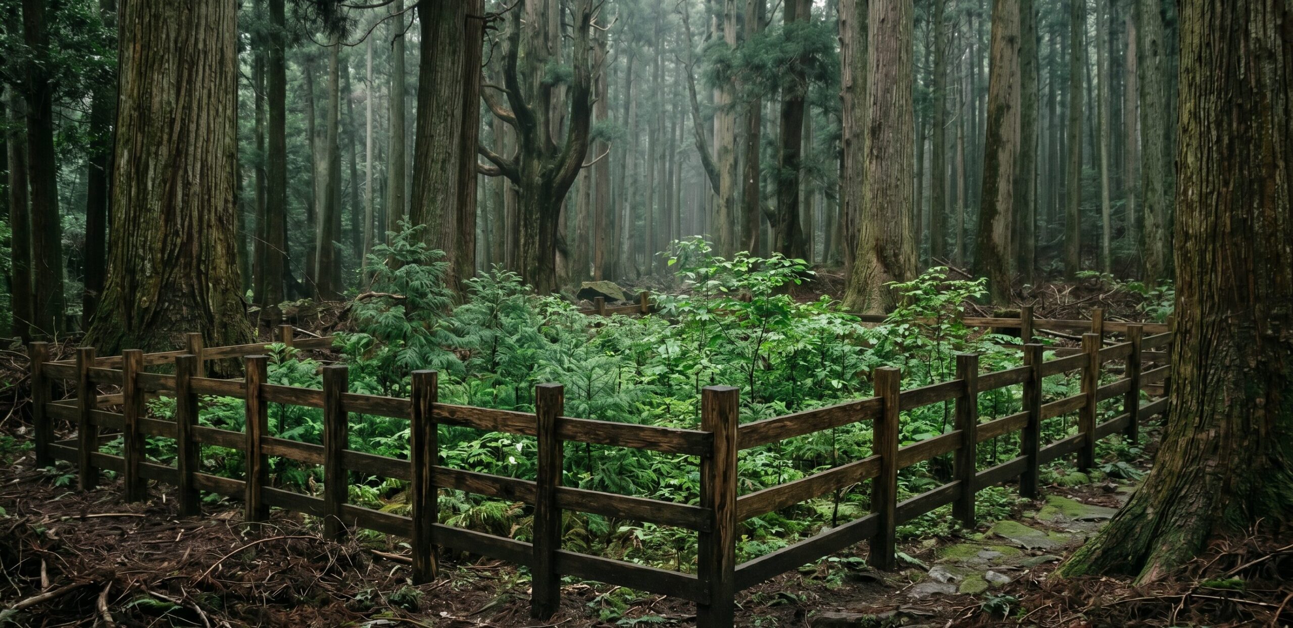 春日山原始林に設置された植生保護柵。柵の内側では照葉樹の後継樹が回復し、外側との差が歴然としている
