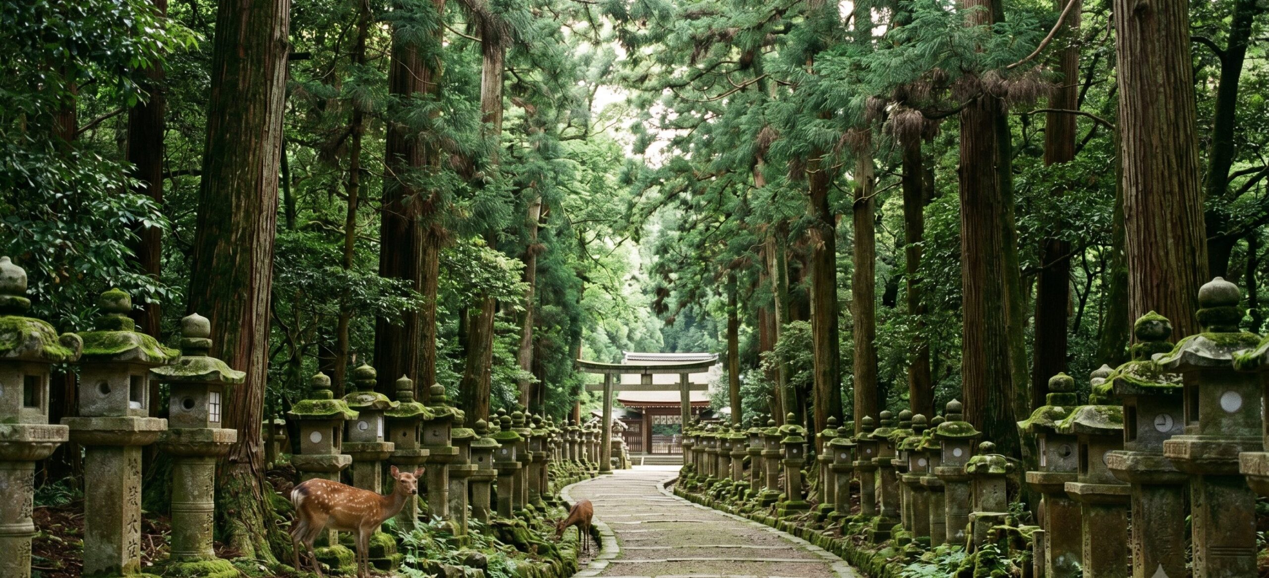 春日大社の石灯籠が並ぶ参道に佇む奈良の鹿。古都奈良の文化財として世界遺産に登録された神鹿信仰1400年の聖地