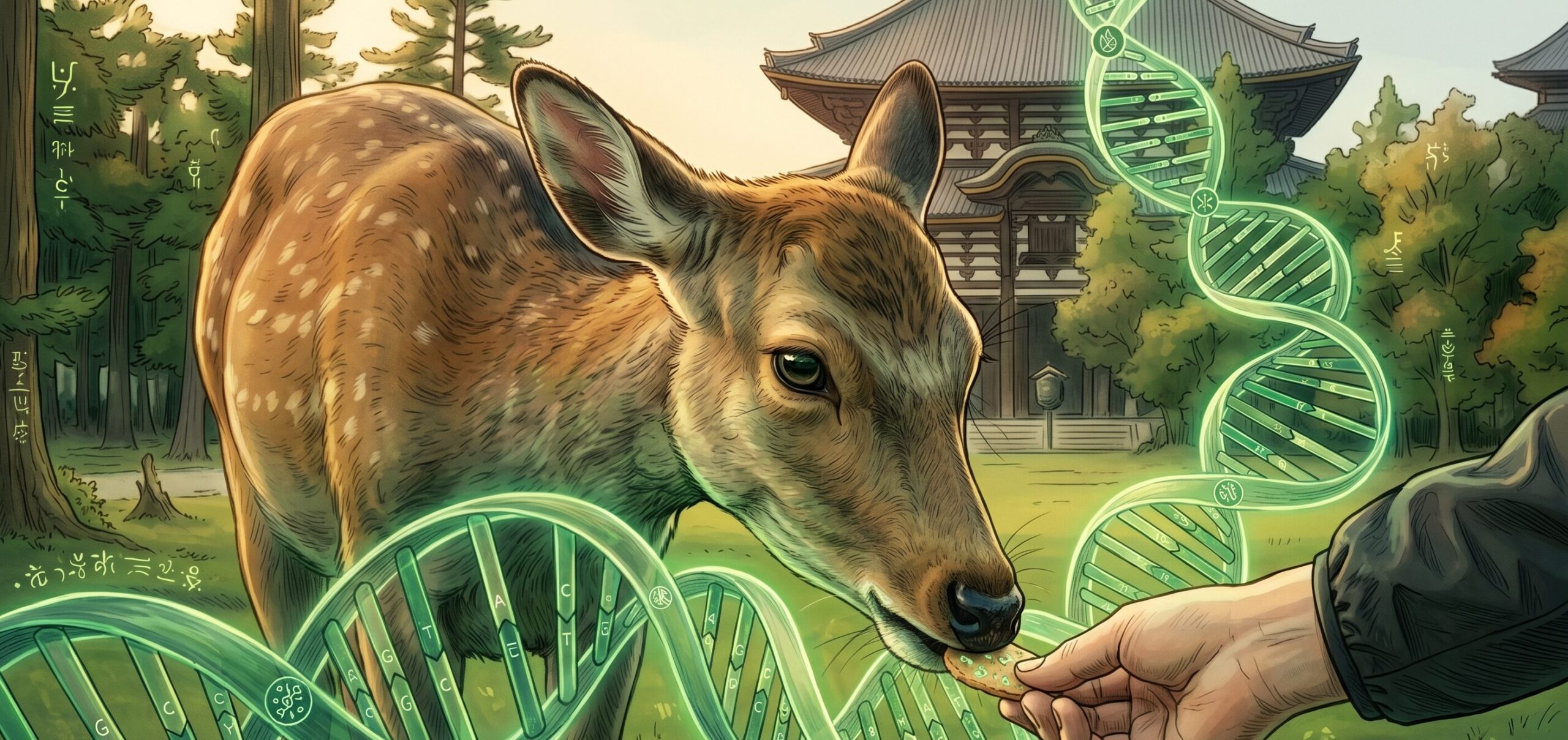 春日大社の神域・奈良の森をイメージしたDNA二重螺旋のイラスト。約1400年前から独自系統を守る奈良の鹿のDNA研究