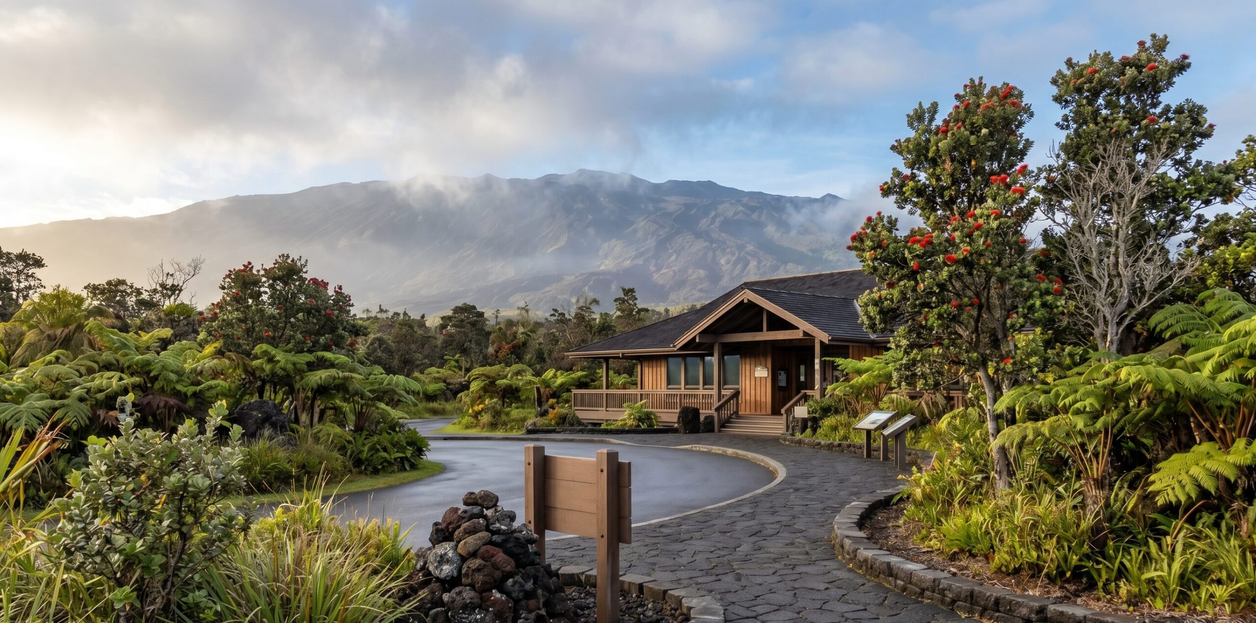ハワイ火山国立公園キラウエア・ビジターセンター周辺の朝の風景。ネイティブハワイアン植生に囲まれた公園の入口エリアと火山の山並みが見える訪問者を迎える景観