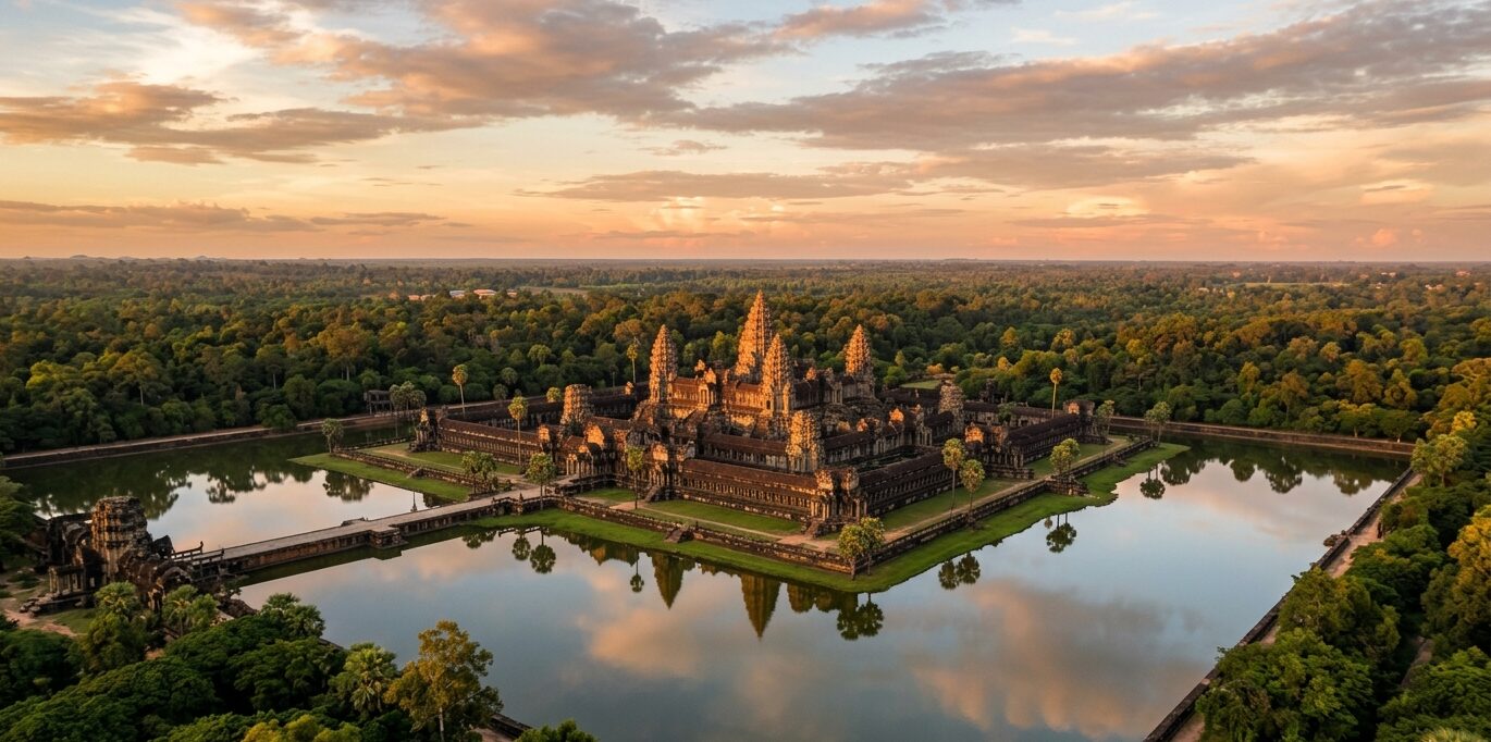 カンボジアのアンコールワット遺跡群を空から撮影した黄金色の夕景と堀の水面に映る寺院の全景