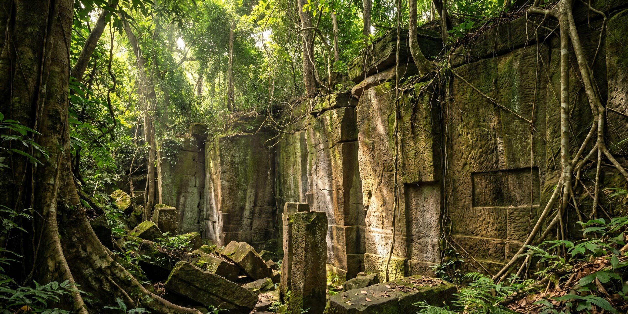 カンボジアのクーレン山の熱帯ジャングルに残るアンコールワット建設時代の砂岩採石場の遺構と切り出された石材