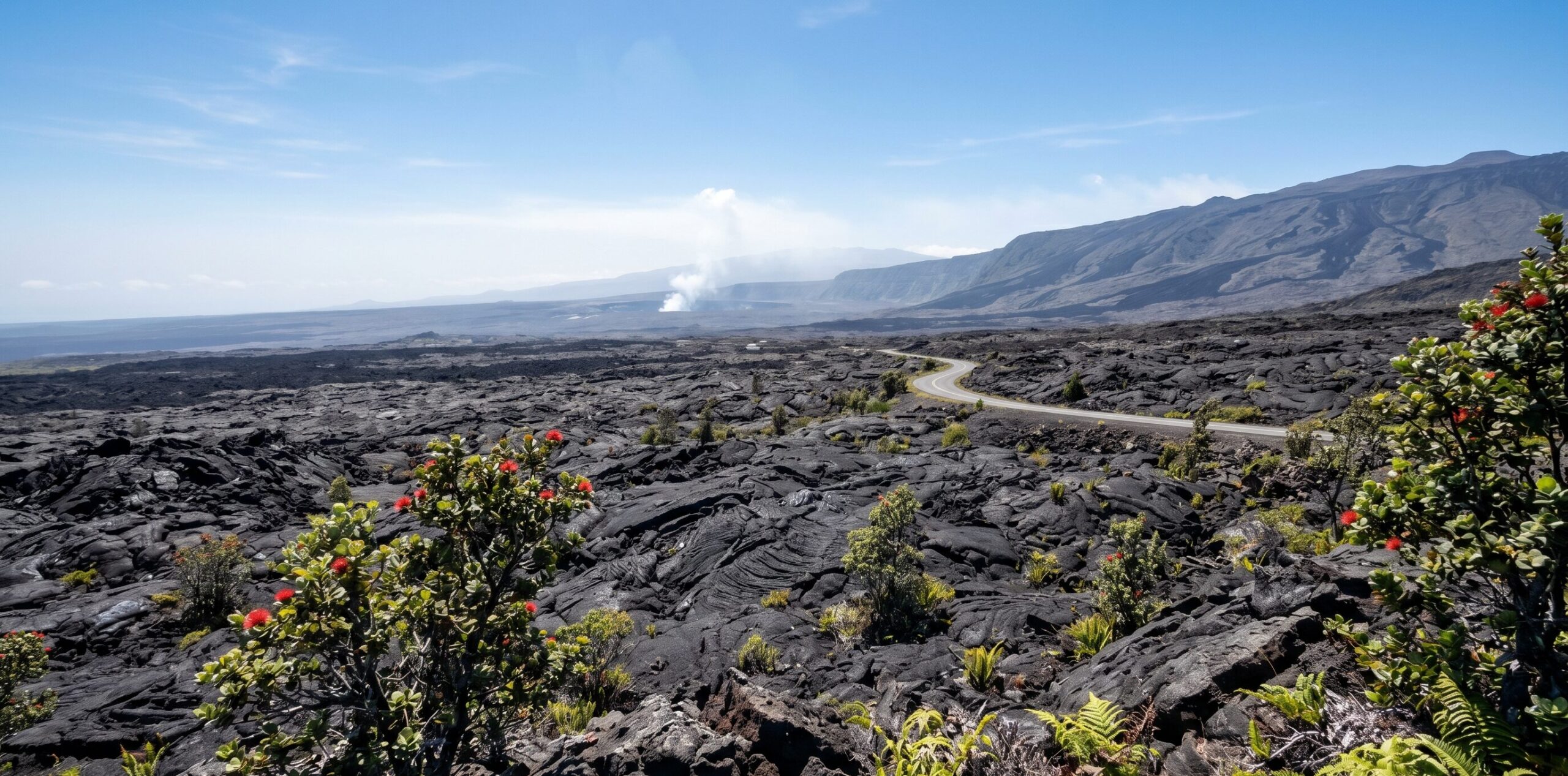 ハワイ火山国立公園のCrater Rim Drive展望台からキラウエアカルデラを望む夕暮れの風景。遠方に赤いグローが見えvogのかすみが漂う観察ポイントの情景