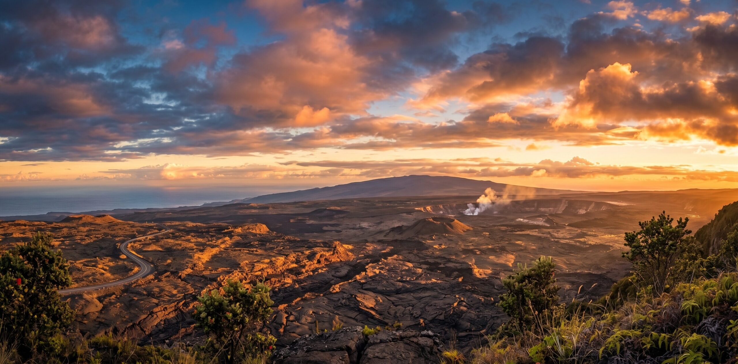 ハワイ火山国立公園の展望台から見渡す黄金時間帯のカルデラ全景。夕日に染まる広大な火山景観とChain of Craters Roadが一望できる旅行者必訪の絶景スポット