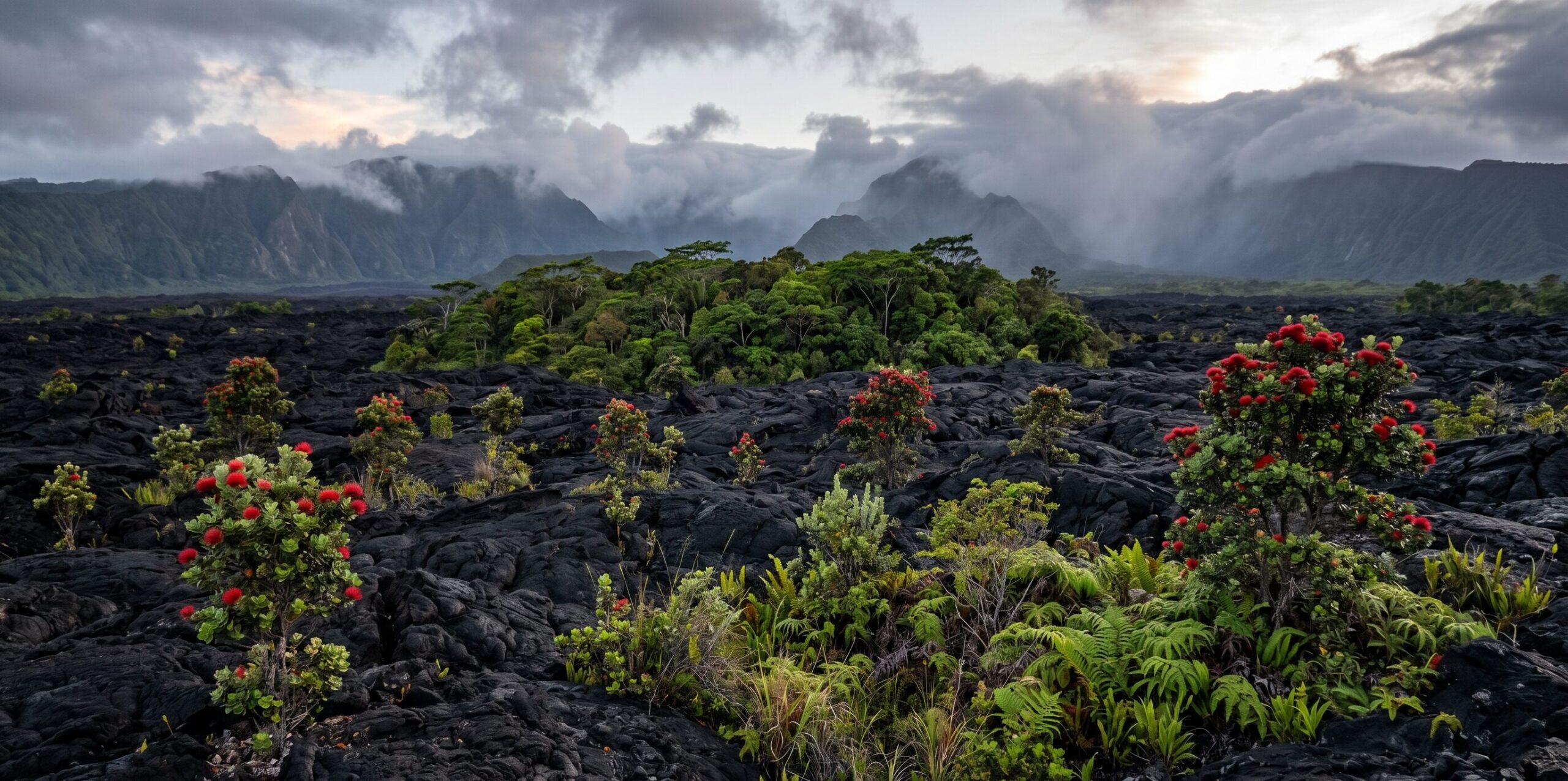 ハワイ島に広がる世界最大の火山マウナ・ロアの雄大な全景。黒い溶岩台地が地平線まで続き、盾状火山の巨大なスケール感が伝わる風景