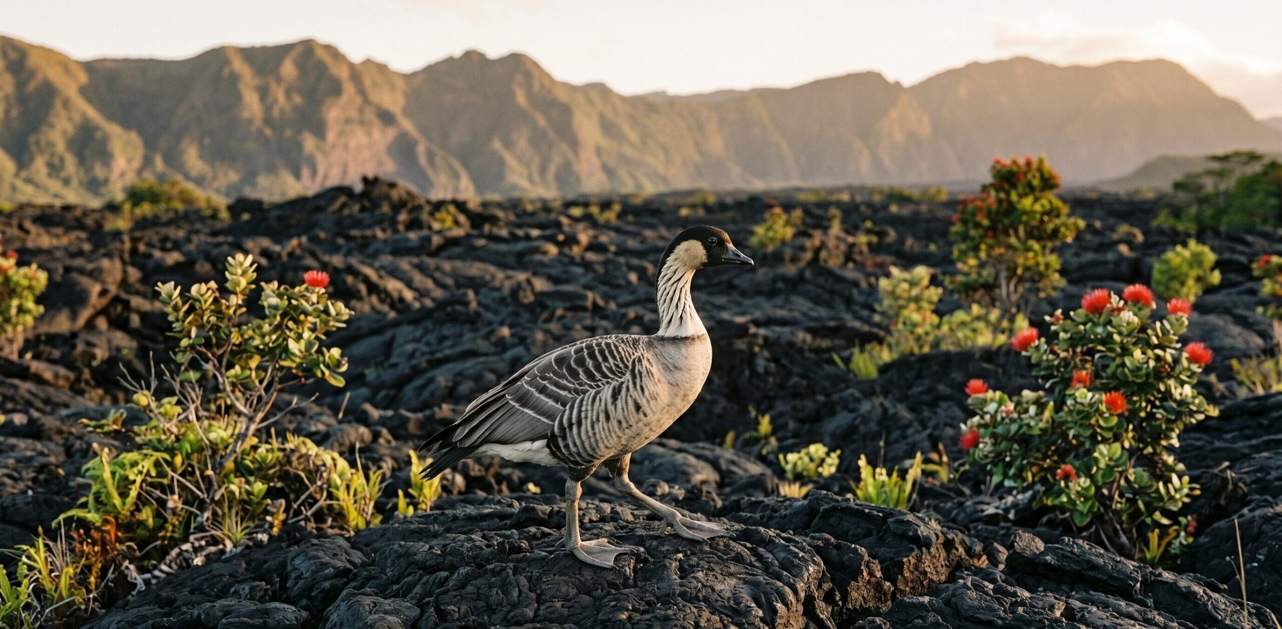 ハワイ火山国立公園内のマウナ・ロア・ロードから見渡す広大な溶岩台地。黒い玄武岩の大地が地平線まで続き固有植物が岩の割れ目から芽吹く再生の景観