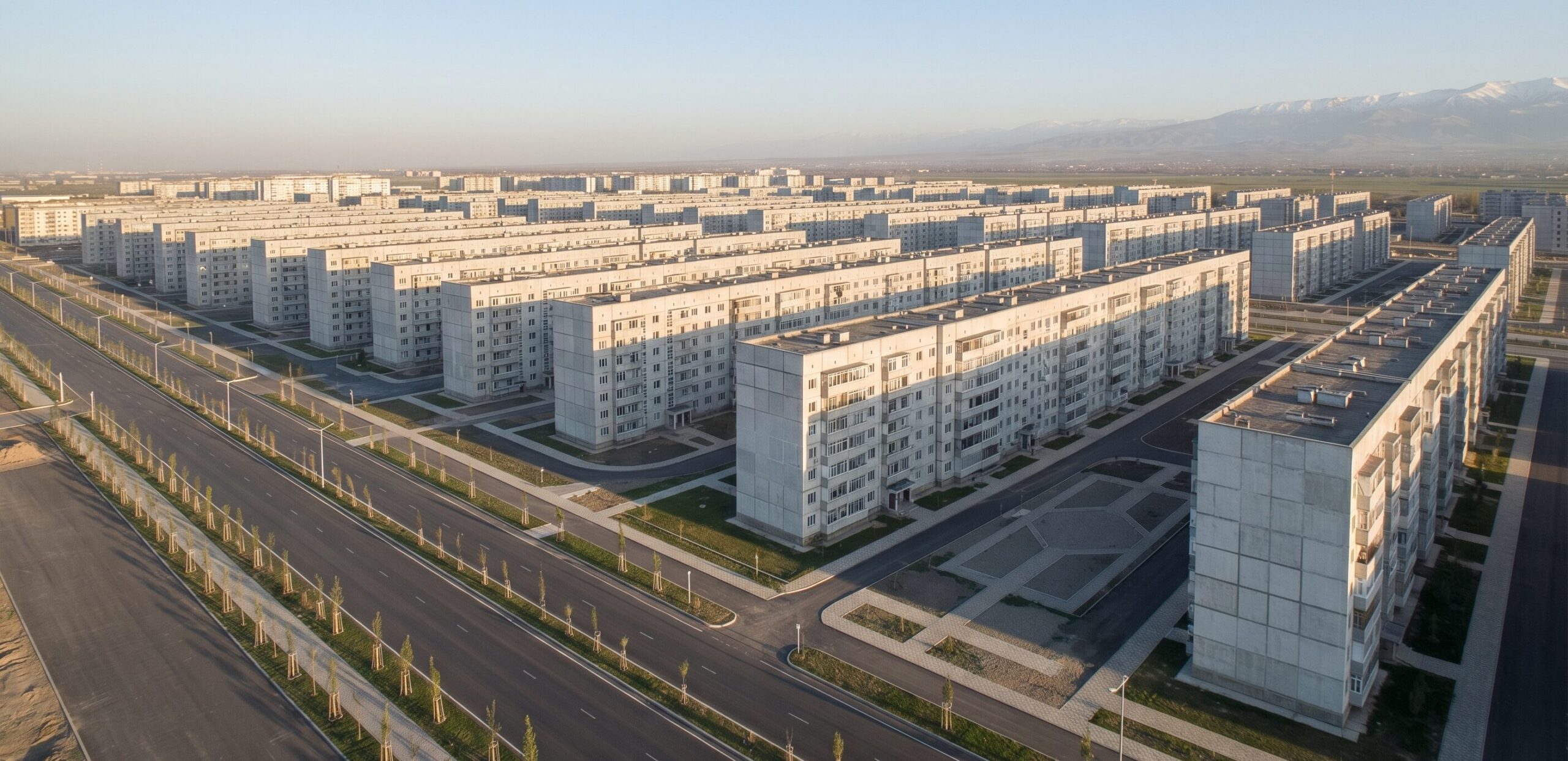タシケント復興期に建てられた規格化されたソビエト式プレハブ集合住宅群、幾何学的な反復と並木のある大通り、3年半で進んだ震災復興の象徴