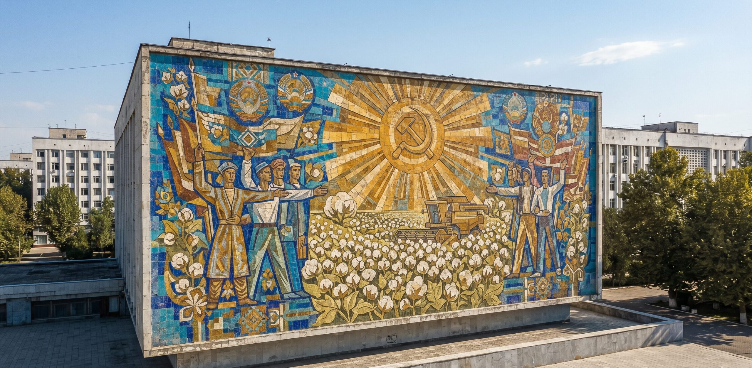 タシケントのコンクリート壁を飾るソビエト時代の陶板モザイク壁画、綿花と太陽と諸民族友好をモチーフにした鮮やかな青と金の装飾芸術