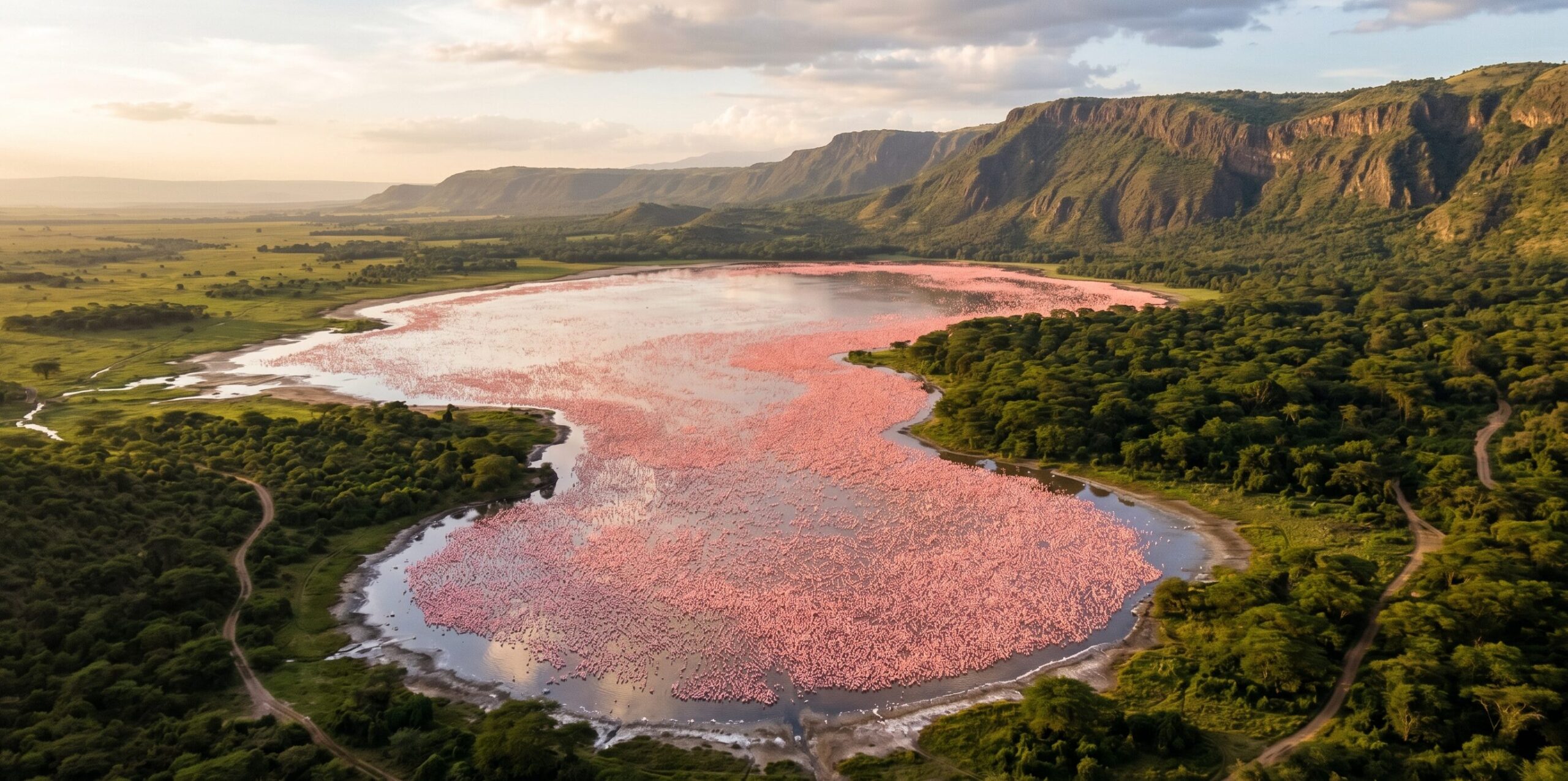 ケニア・ナクル湖の空撮写真。湖面を埋め尽くすピンク色のフラミンゴの大群と、周囲のアカシア林と東アフリカ地溝帯の崖が広がる絶景