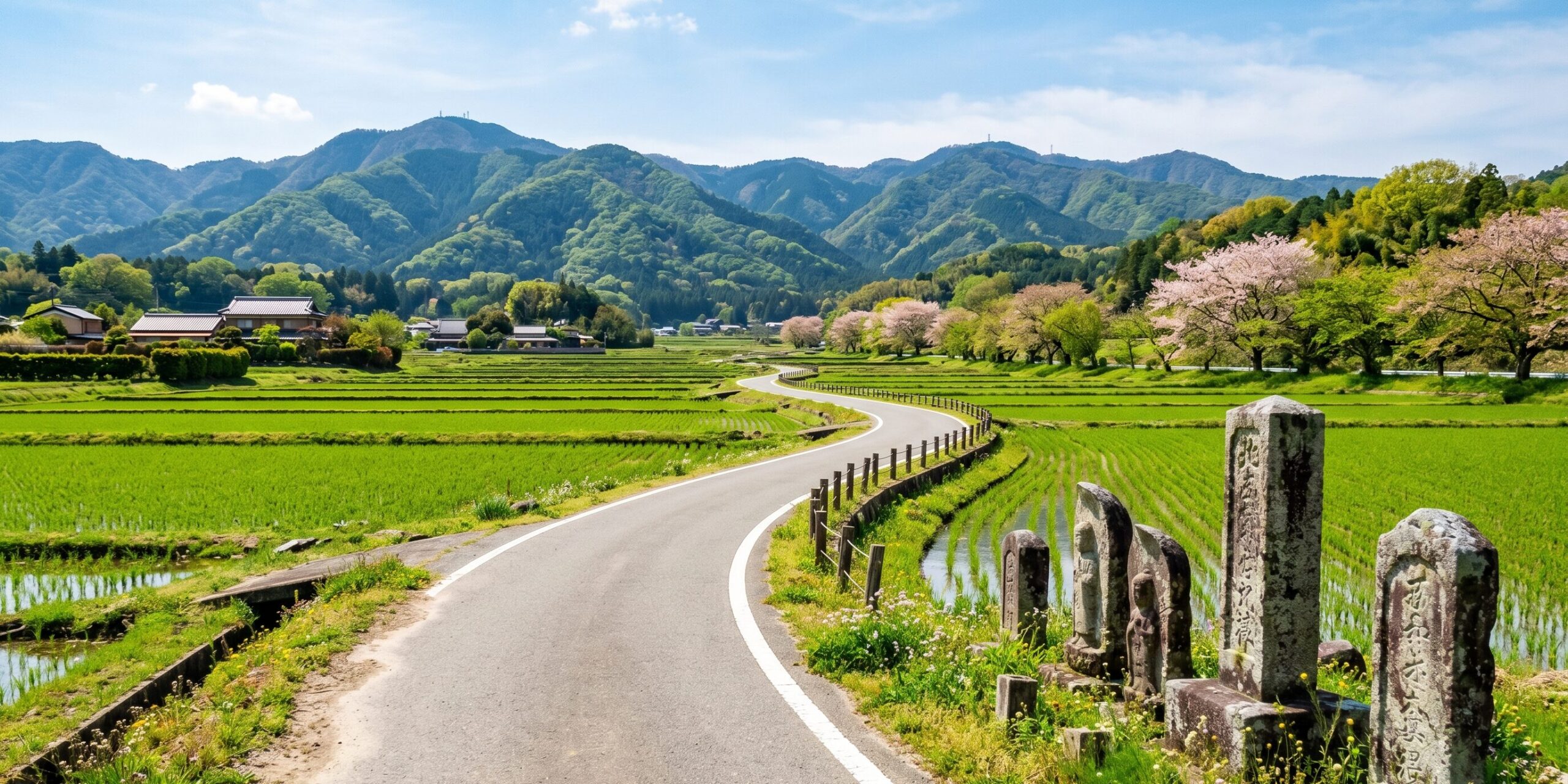 明日香村のサイクリングロード。緑の田んぼと史跡が続く春の小道。奈良県 飛鳥・藤原の宮都 観光 レンタサイクル