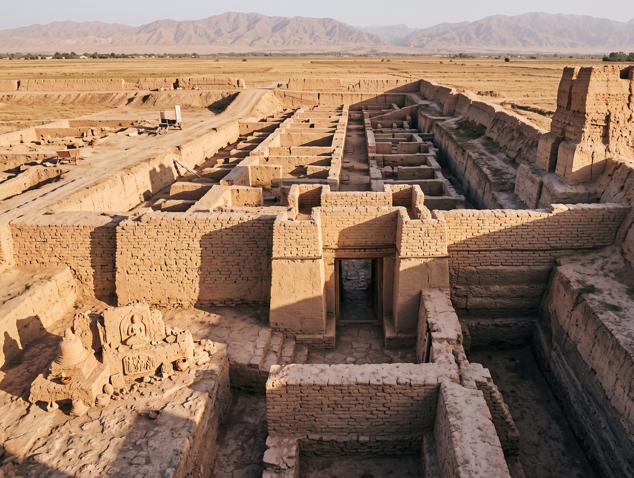 大宛の都エルシ（ミングテパ）を思わせるフェルガナ盆地の古代都市の、城壁と門が残る発掘遺跡