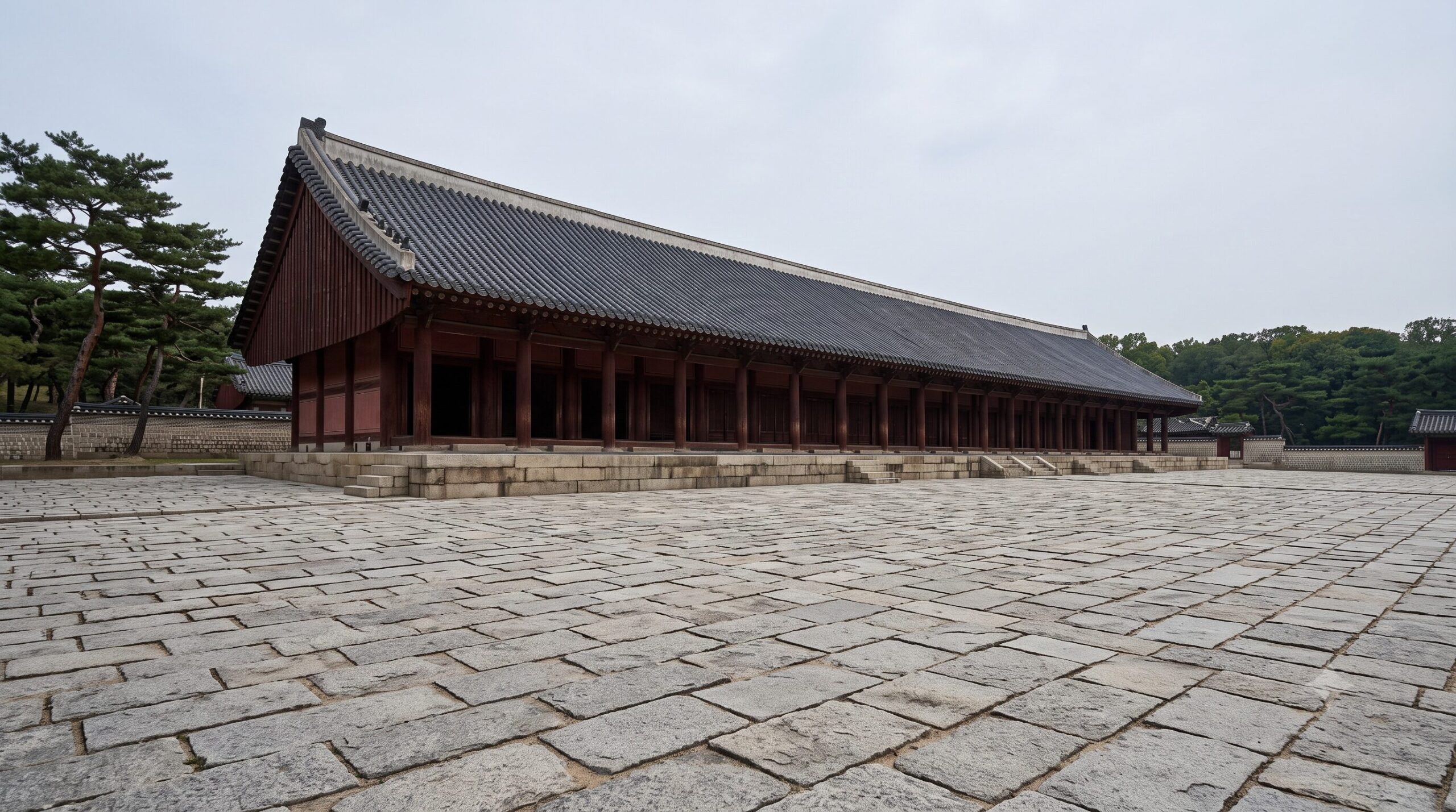 朝鮮王朝の歴代王と王妃を祀る宗廟の正殿を横から望んだ様子。韓国ソウルにある世界遺産の儒教祭祀施設