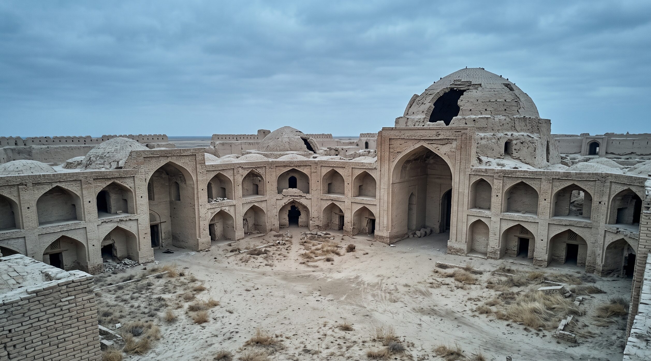 シルダリヤ川の隊商都市に残るシルクロードのキャラバンサライと中庭、アーチ状の遺構のイメージ