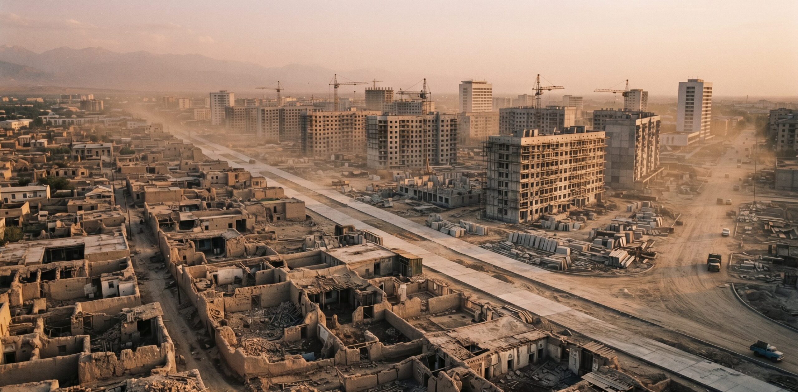 1966年タシケント地震からの復興、伝統的アドベ住宅と新築コンクリート集合住宅が対比する再建期の街並み、ソビエト全土が動員された中央アジアの都市