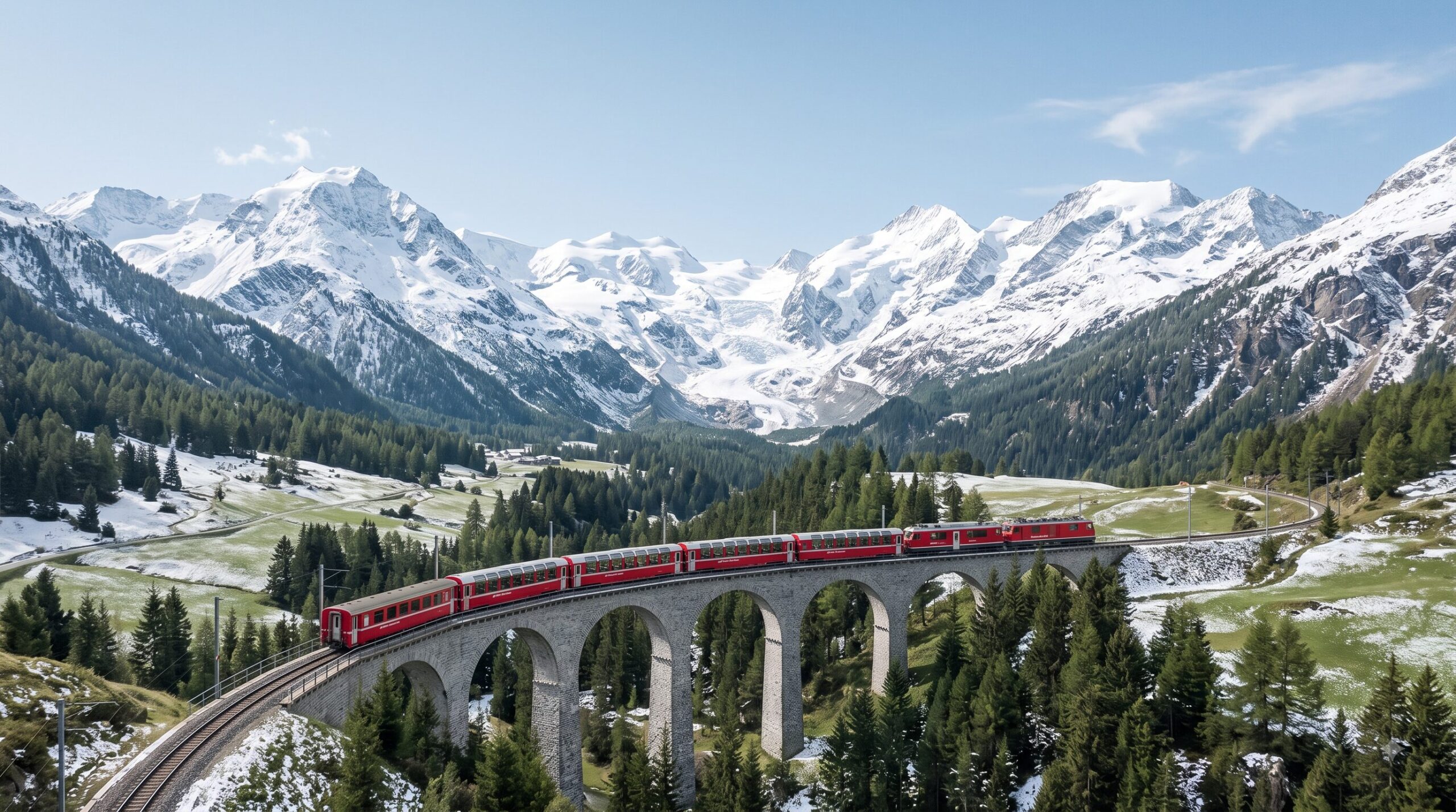 雪山を背に走るスイスのレーティッシュ鉄道の落ち着いた風景と日本の山岳鉄道と比較するための対比的な一枚