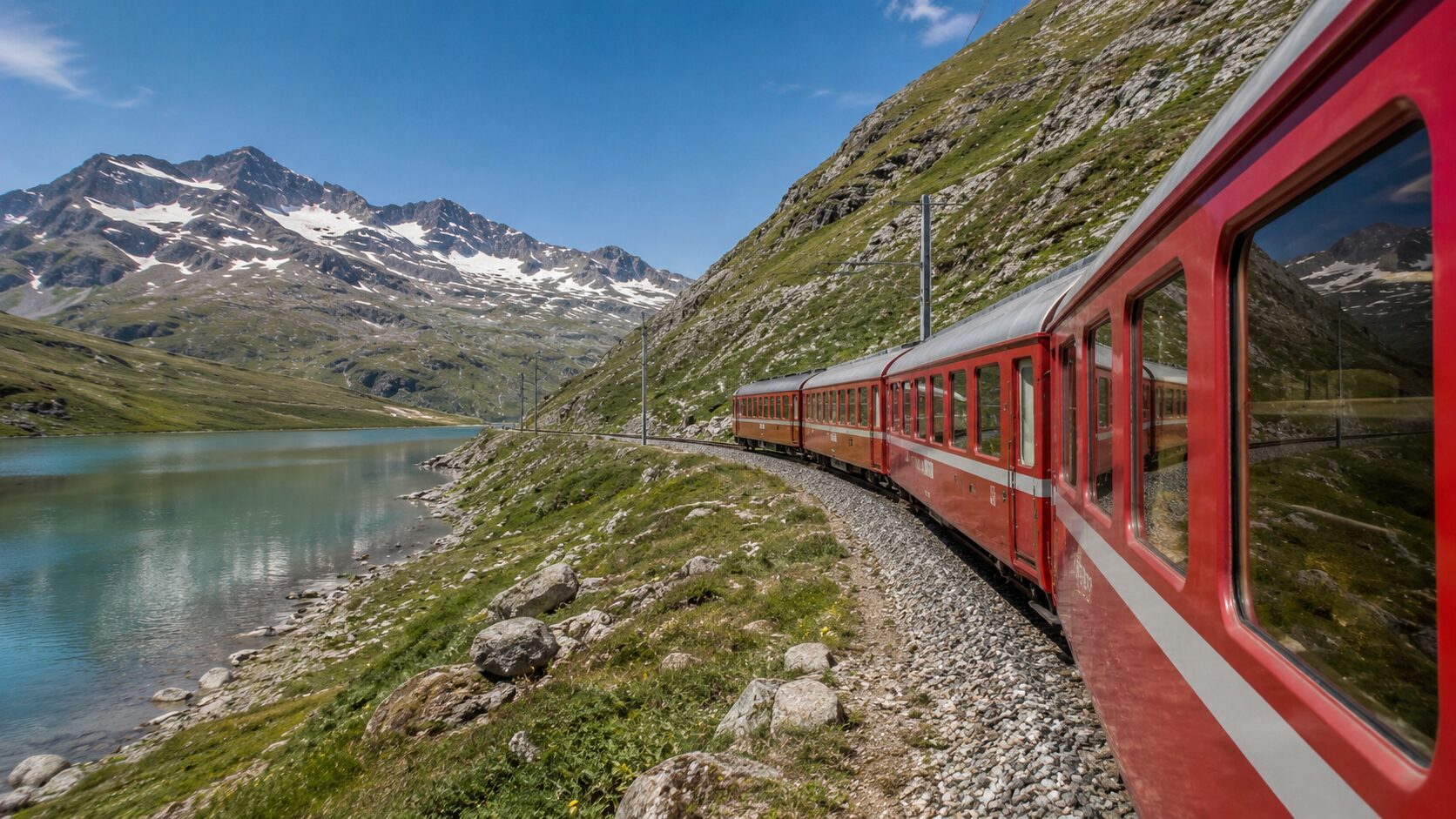 通常の窓を備え予約なしで気軽に乗れるベルニナ線の地域列車がアルプスの風景を走る安く乗るための選択肢のようす