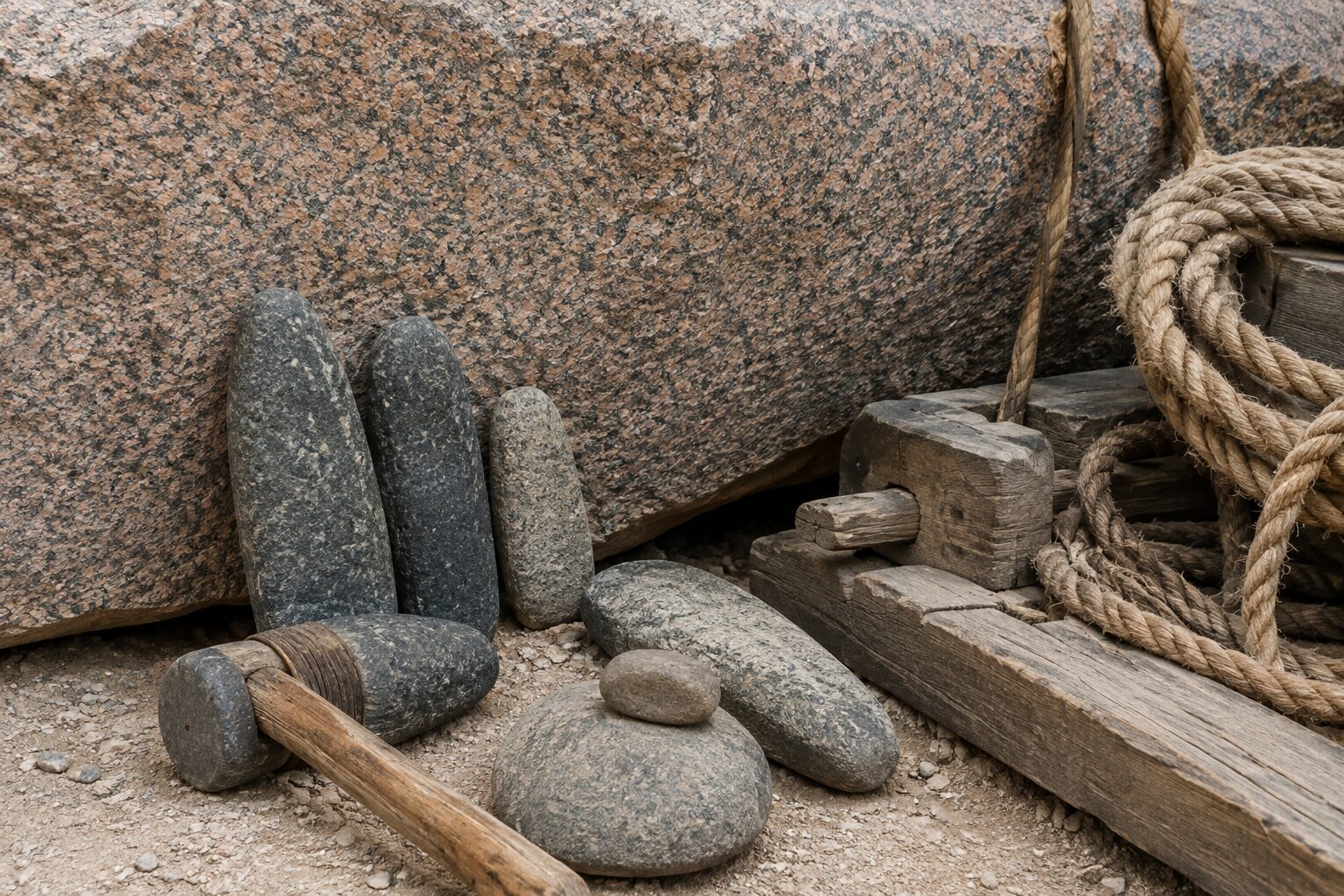 ピラミッド建設で使われたロープやそりなど古代エジプトの運搬道具をイメージした写真
