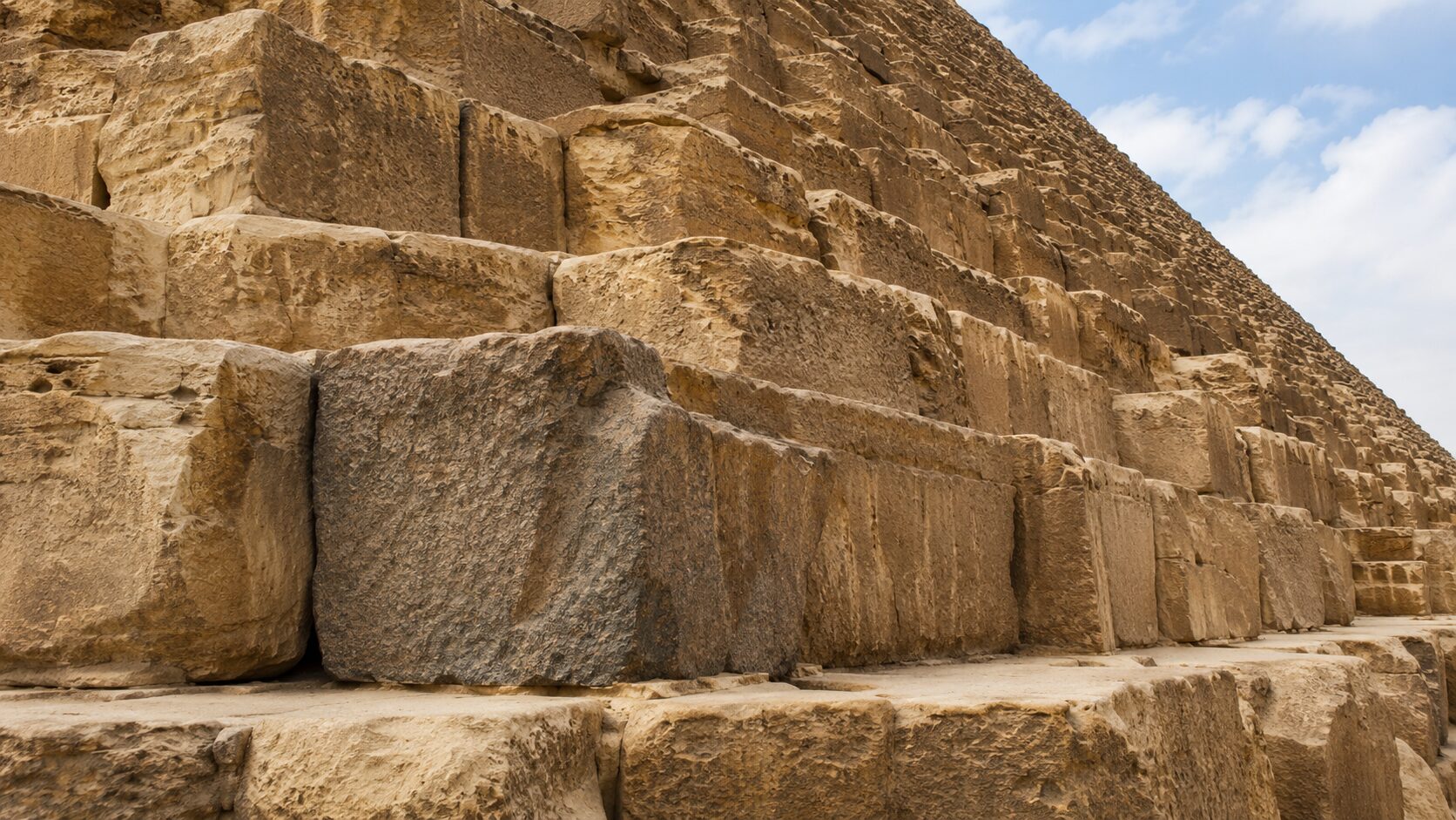 ギザの三大ピラミッドを地上から見上げた石積みの様子がわかる写真