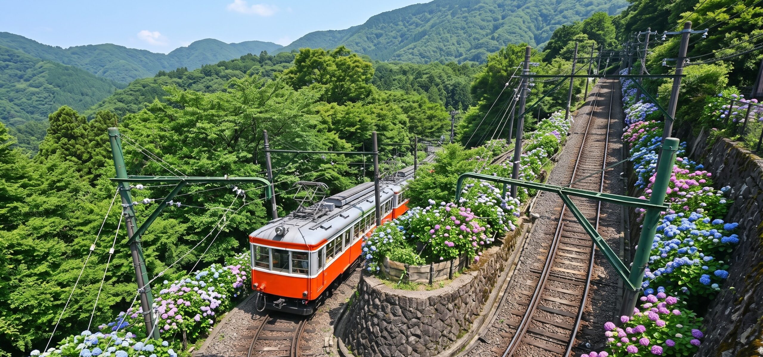 急な斜面をスイッチバックで登る箱根の山岳鉄道の電車と沿線に咲くあじさいや緑深い夏の山の風景