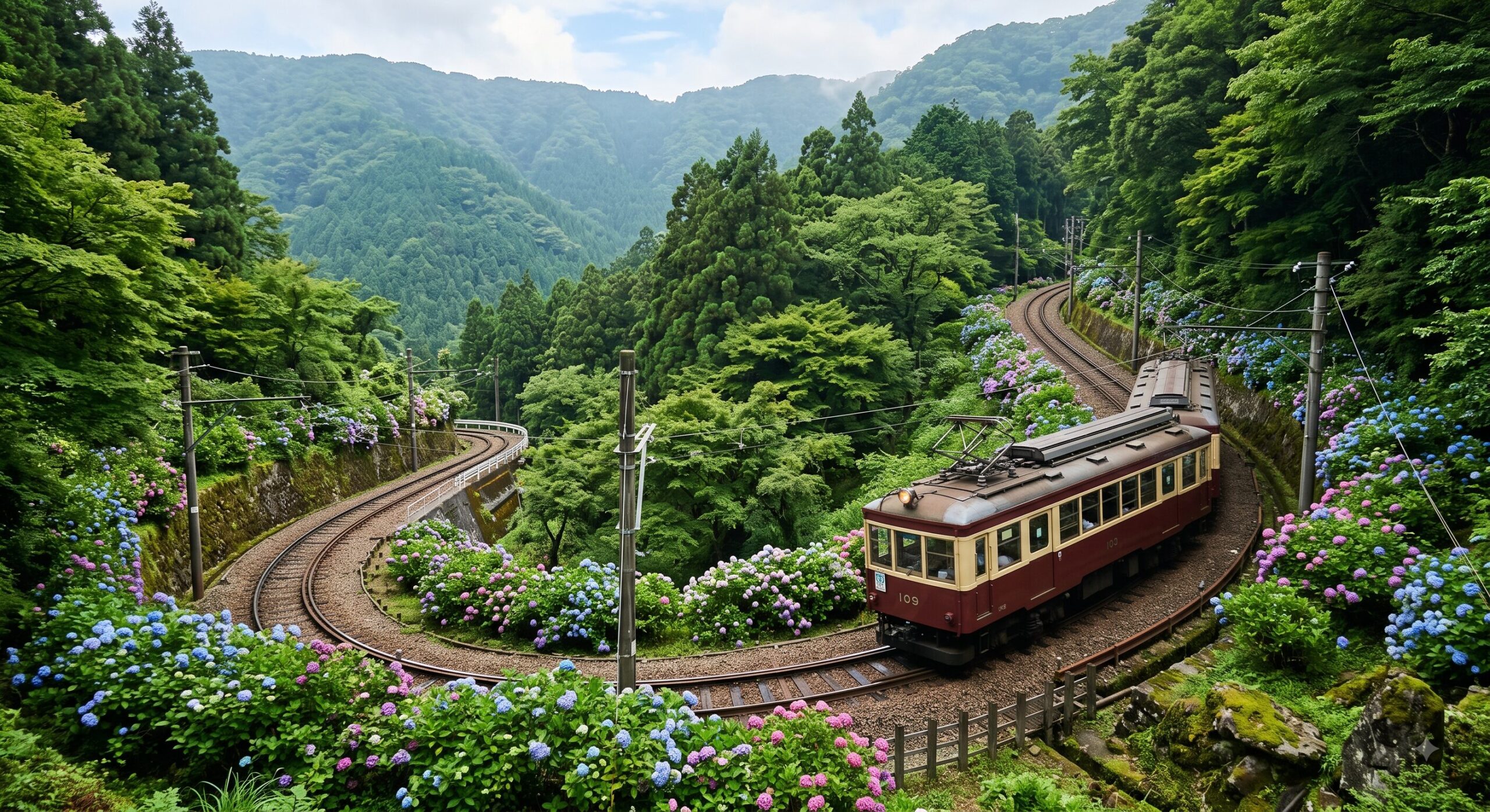 急な斜面を登るオレンジ色の箱根の登山電車と緑深い夏の山々が広がる箱根登山鉄道の風景