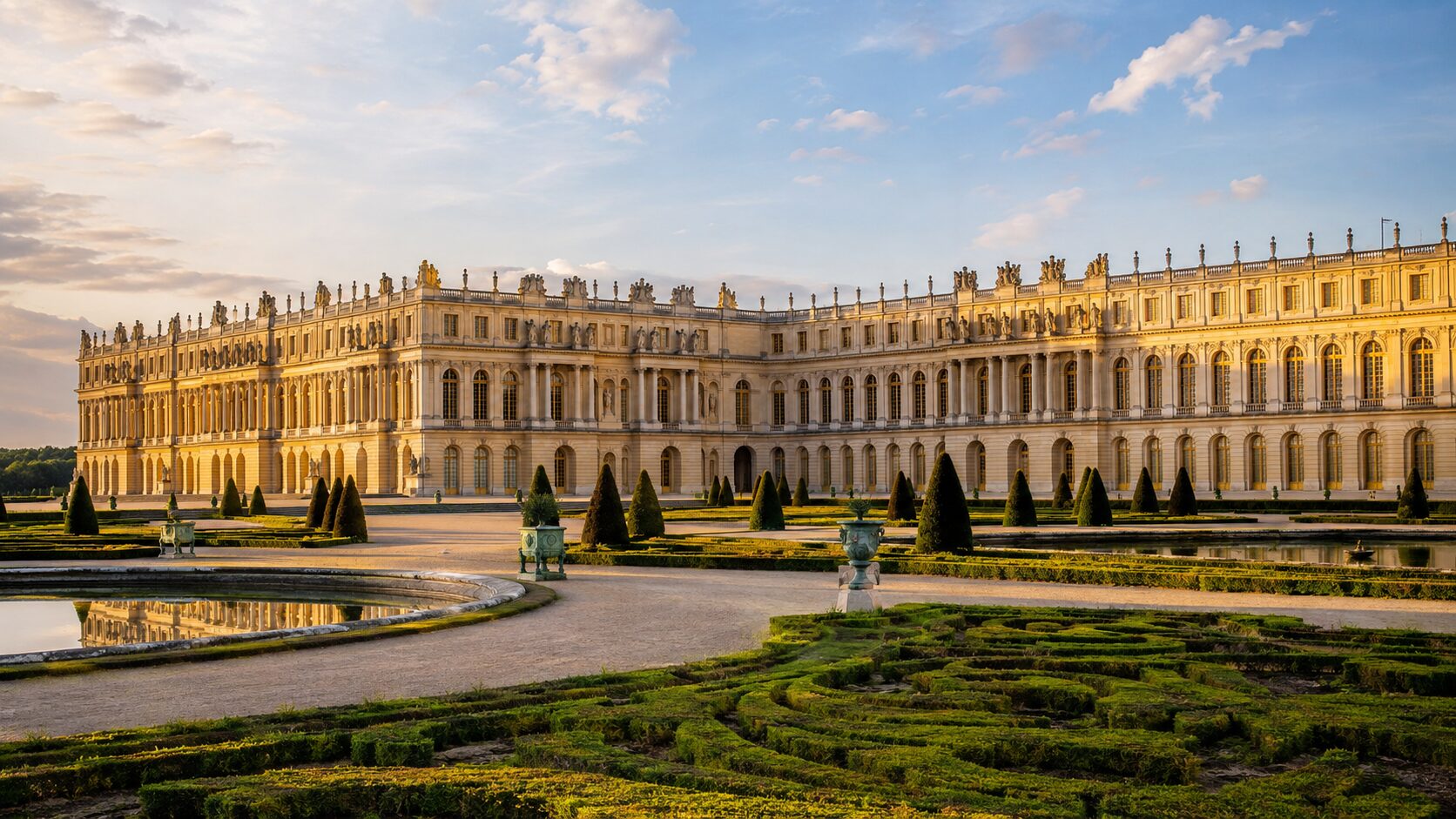 フランスの世界遺産ヴェルサイユ宮殿を庭園側から望む、左右対称のバロック建築と広大な庭園の全景