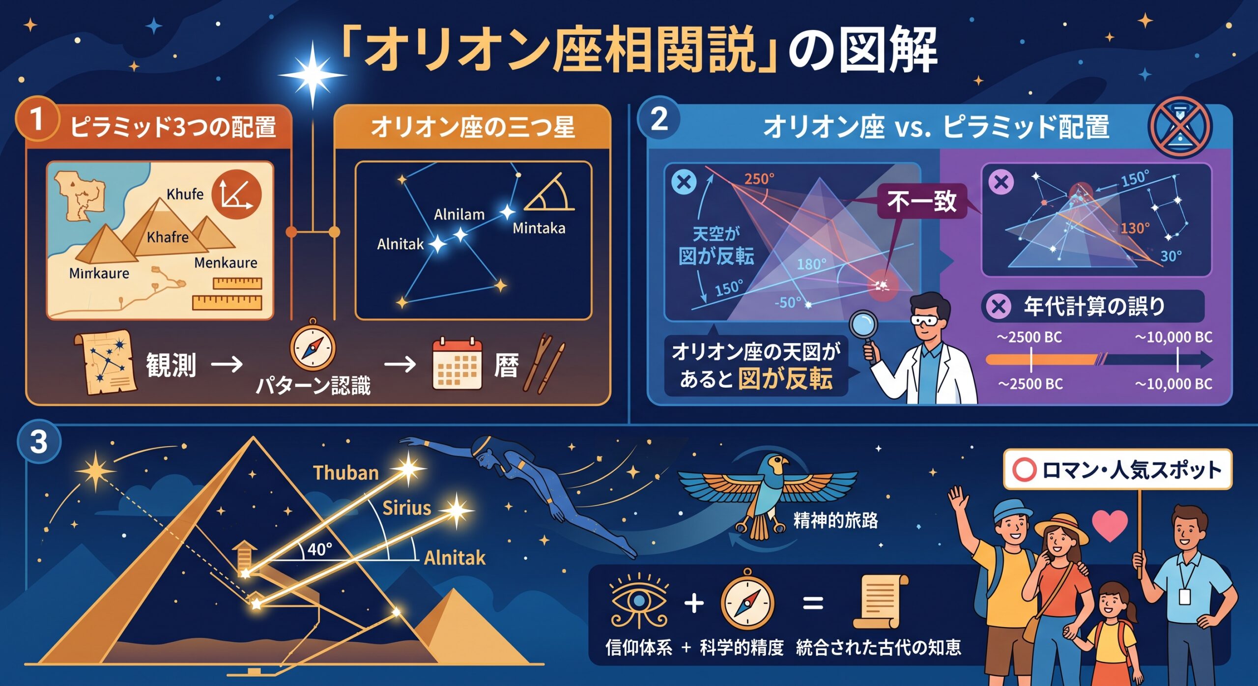 ピラミッド内部の通路が指す星々の配置を示す図解。北面通路はトゥバン、南通路はシリウスとアルニタクへの方向を表す