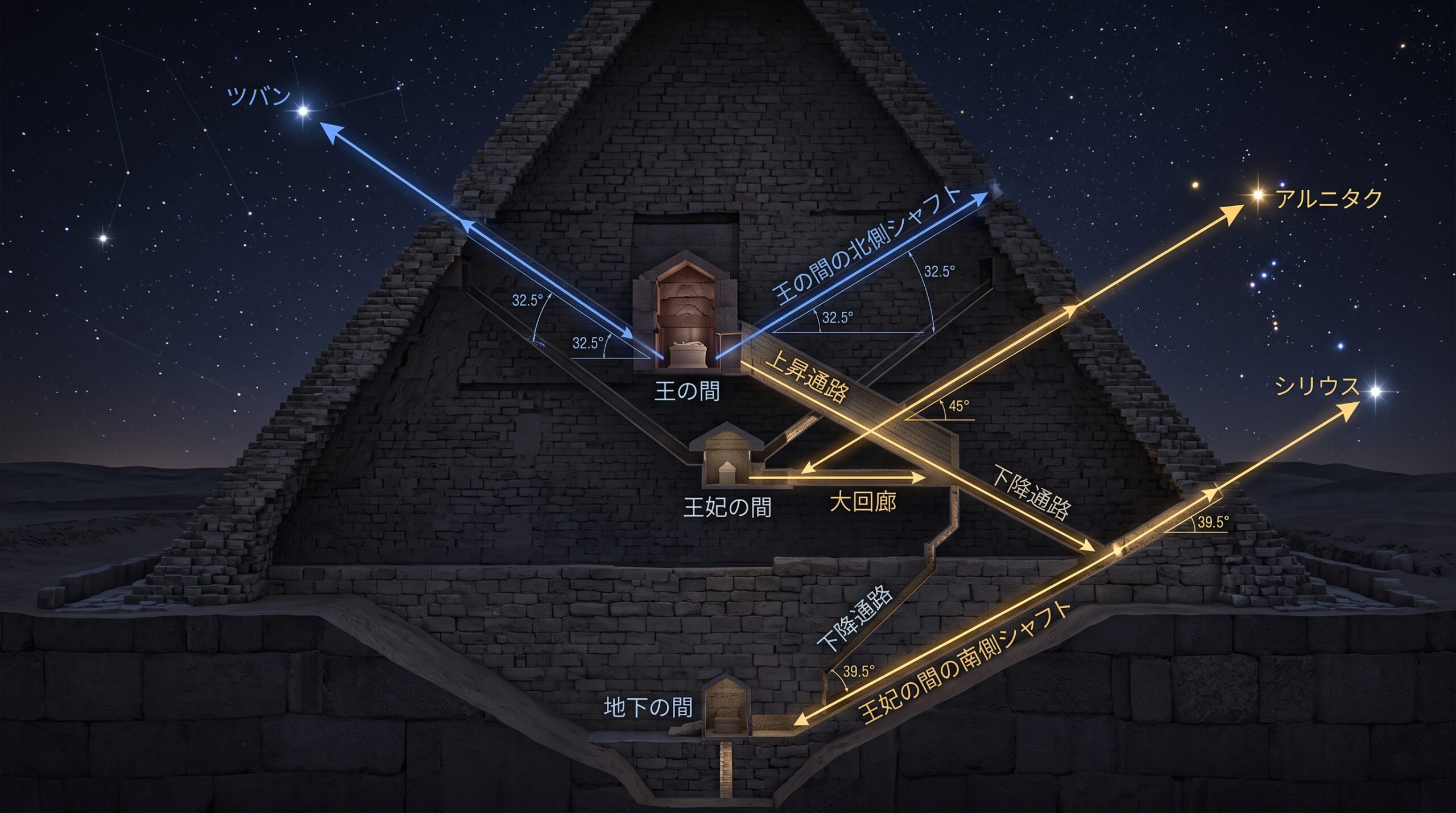オリオン座相関説(よく知られているが科学的には否定済み)と、ピラミッド内部通路の本当の星の配置(複数検証済みの科学的事実)の対比インフォグラフィック