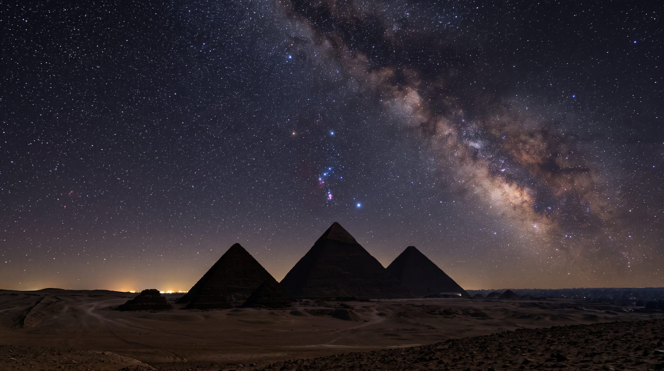 夜空に輝くオリオン座とギザのピラミッドのシルエット。古代エジプト人が見た星々と建造物の関係性を表現した画像