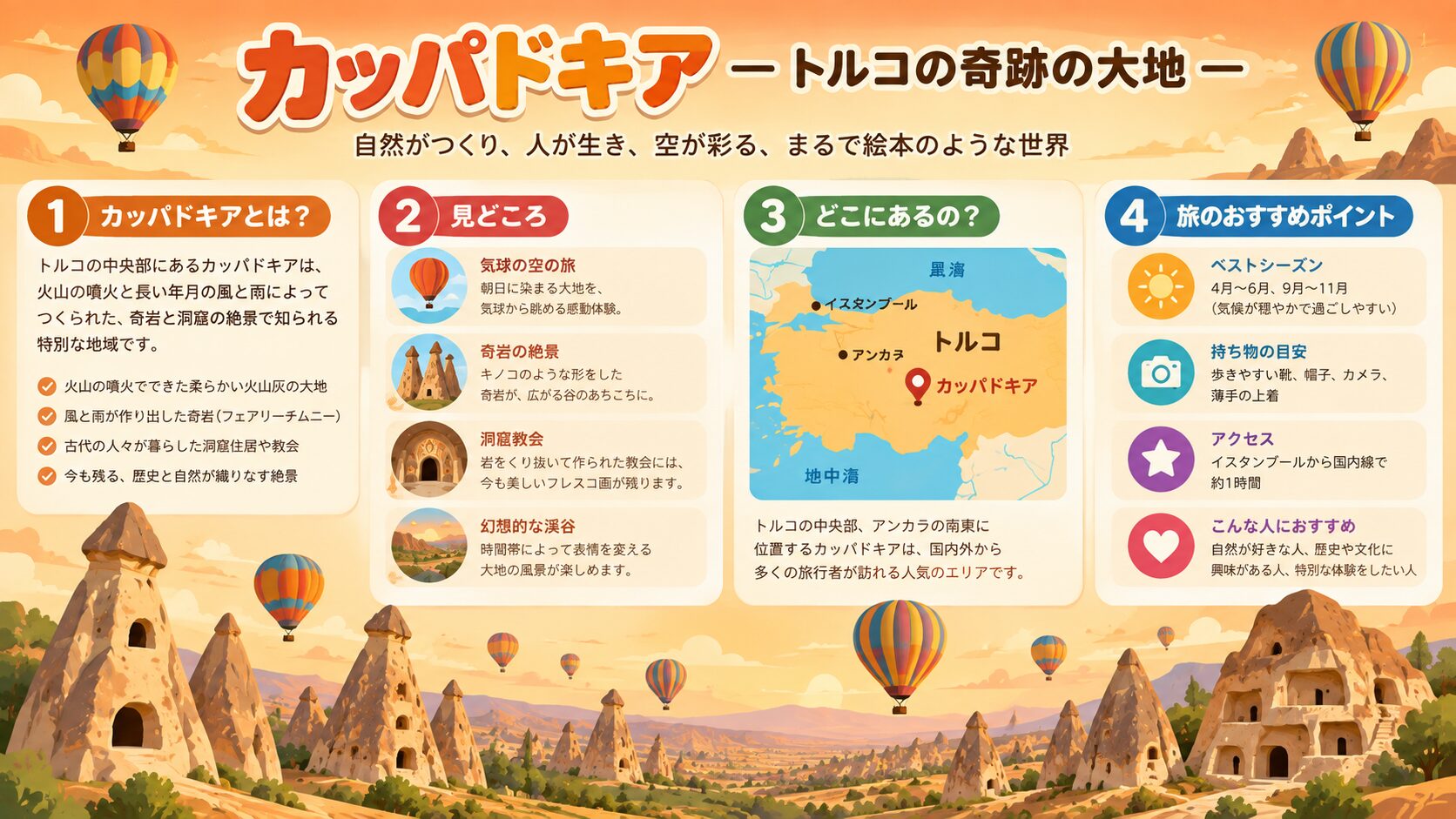 カッパドキアの世界遺産としての基本情報と豆知識をまとめたイラスト図解