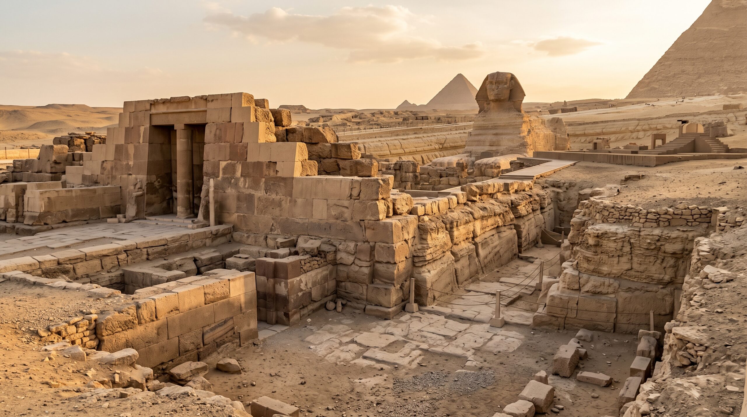 谷の神殿遺跡とスフィンクスの全体像。古代石灰岩建築とギザ高原の砂漠地形が広がる。