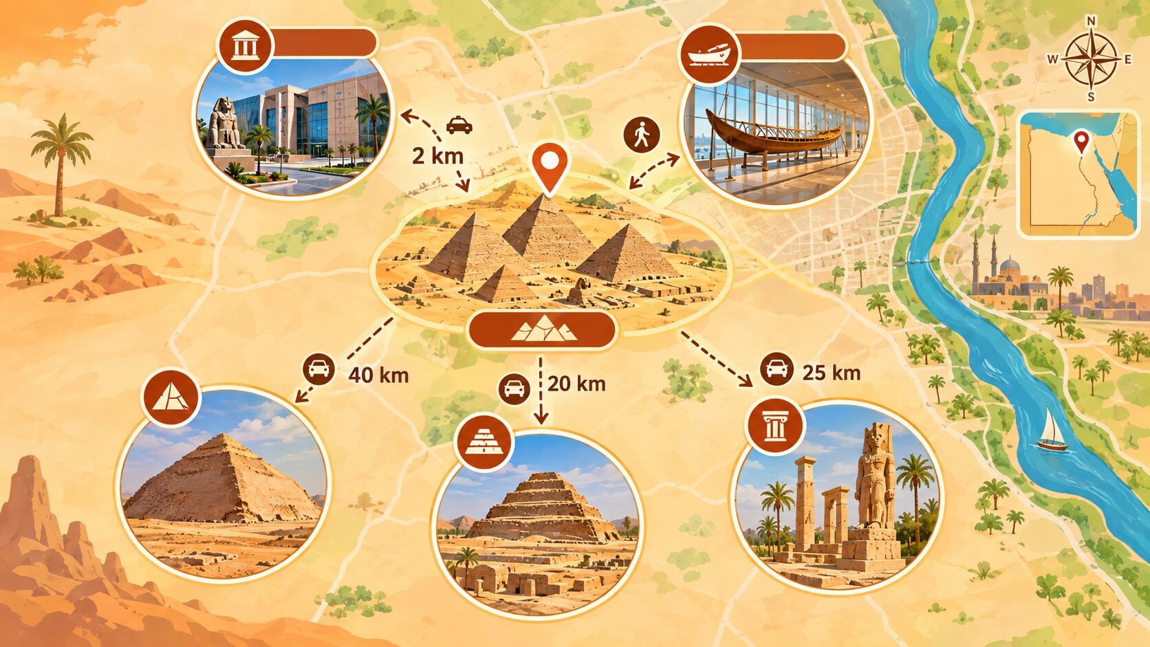 ギザとその周辺遺跡の位置関係を示す図解。GEM、サッカラ、ダハシュール、メンフィスなどの距離と方角をマップ表示