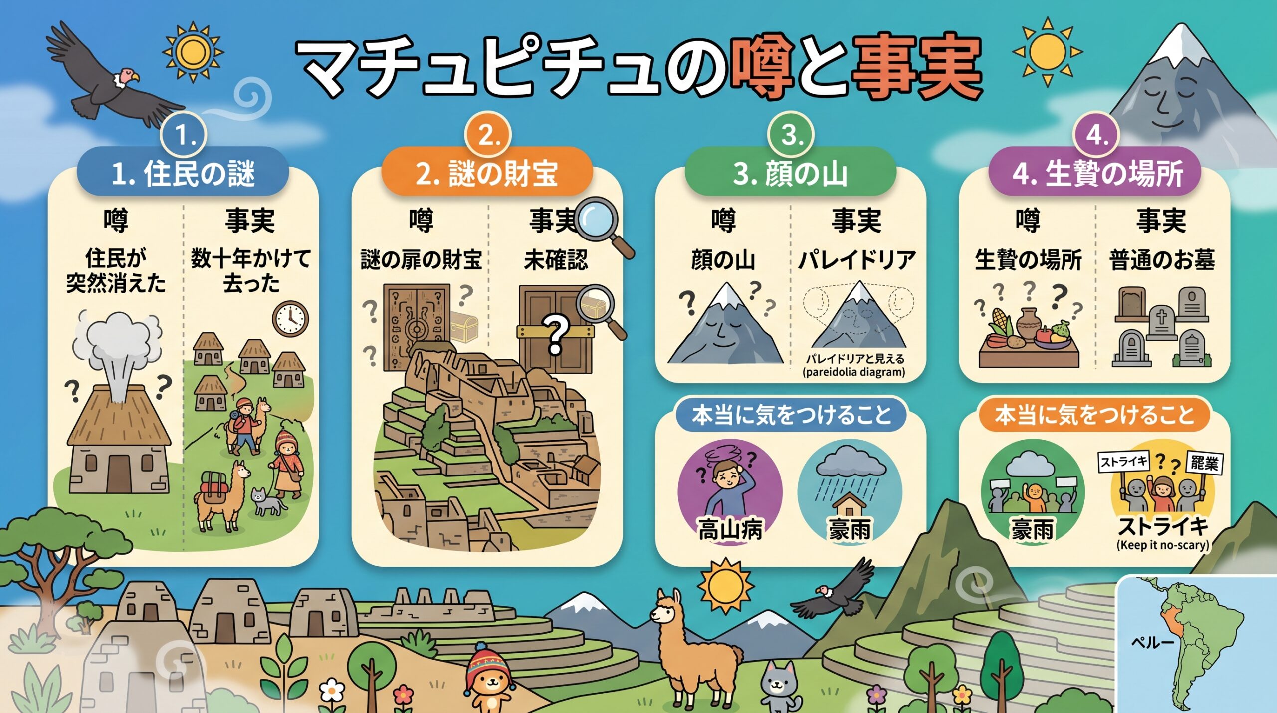 マチュピチュの怖い噂と、研究で分かっている事実を左右にくらべて整理したイラストのインフォグラフィック