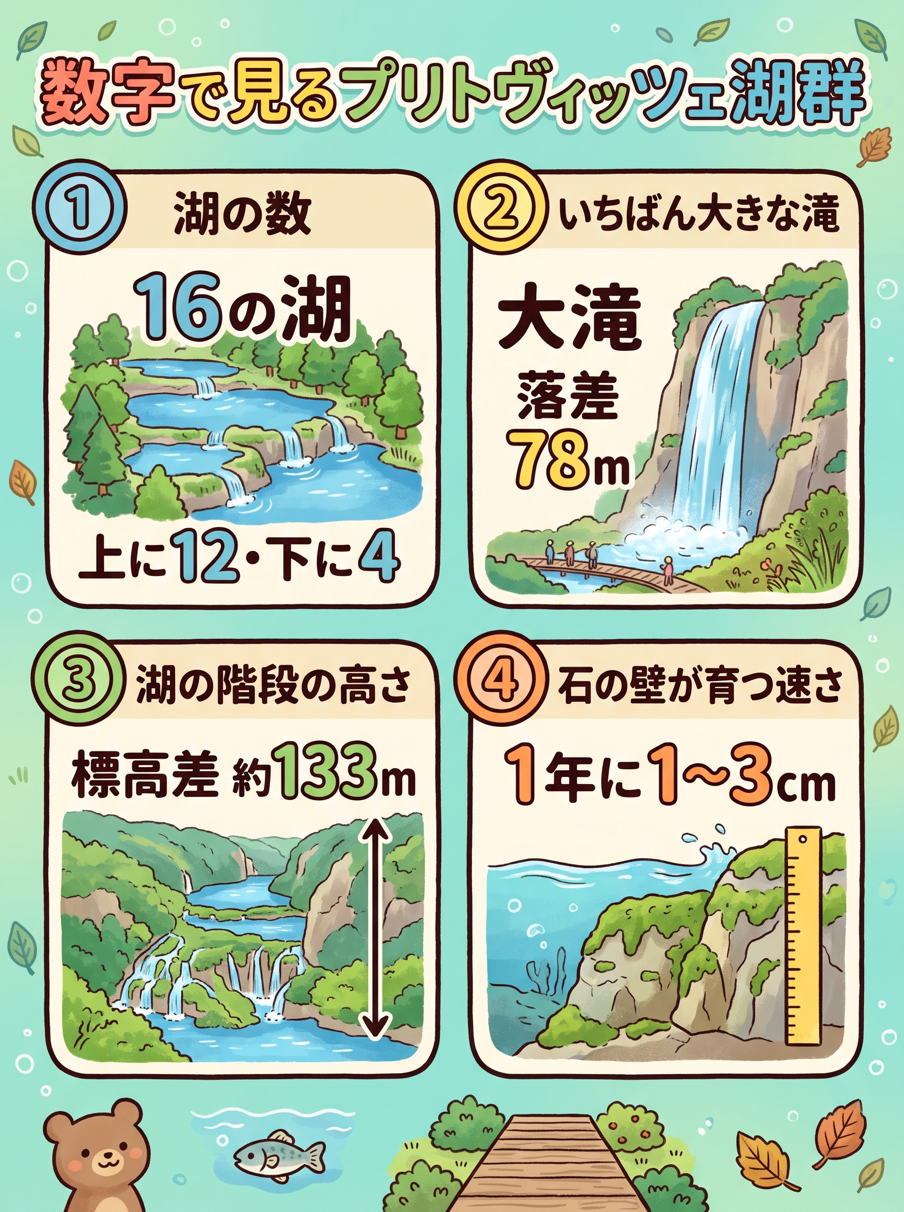 プリトヴィッツェ湖群の16の湖の数や大滝の高さ、標高差、石灰華が1年に育つ長さを数字でまとめた図解